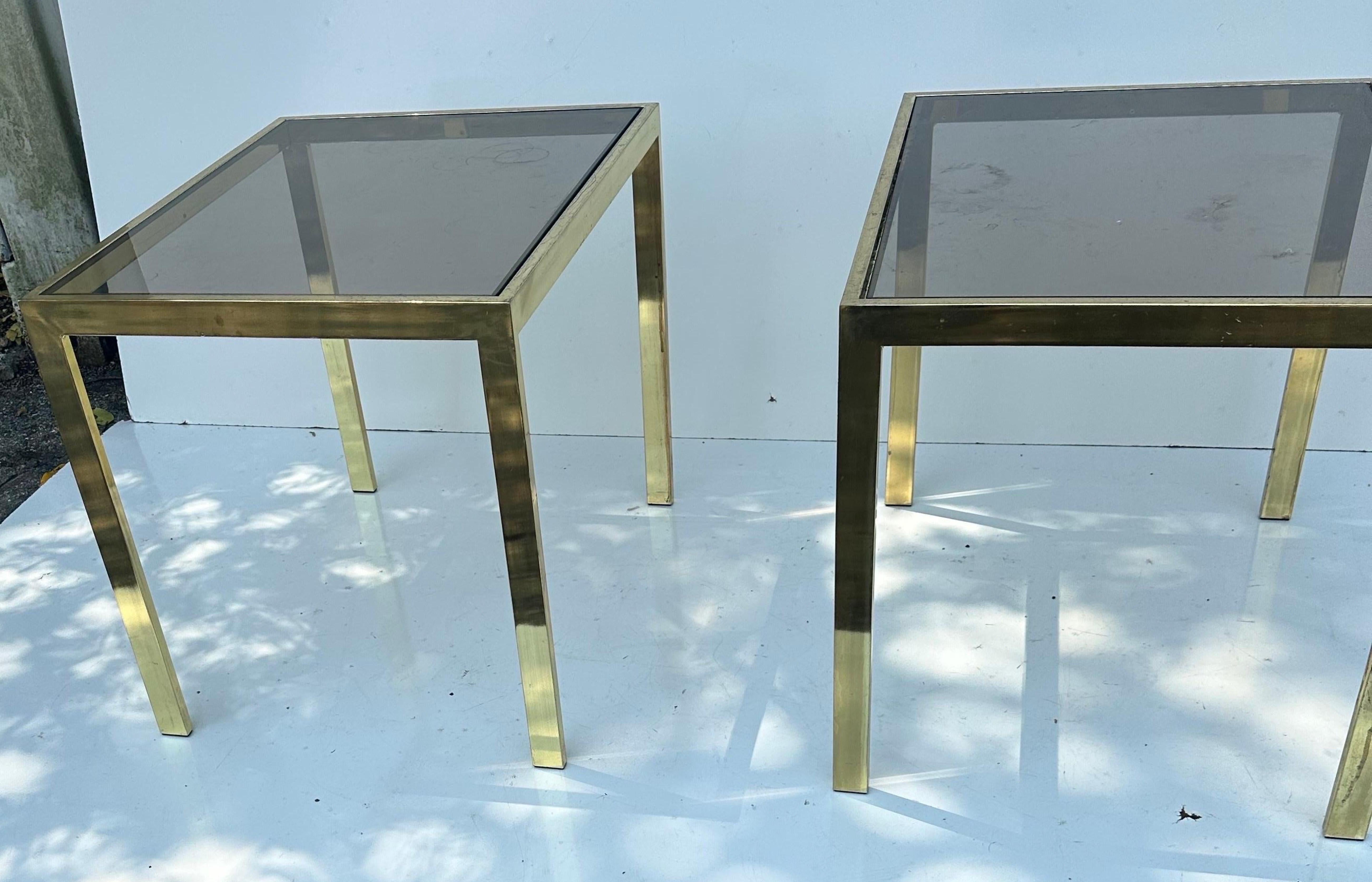 American Pair of Milo Baughman Style Side Brass and Smoke glass side table  For Sale