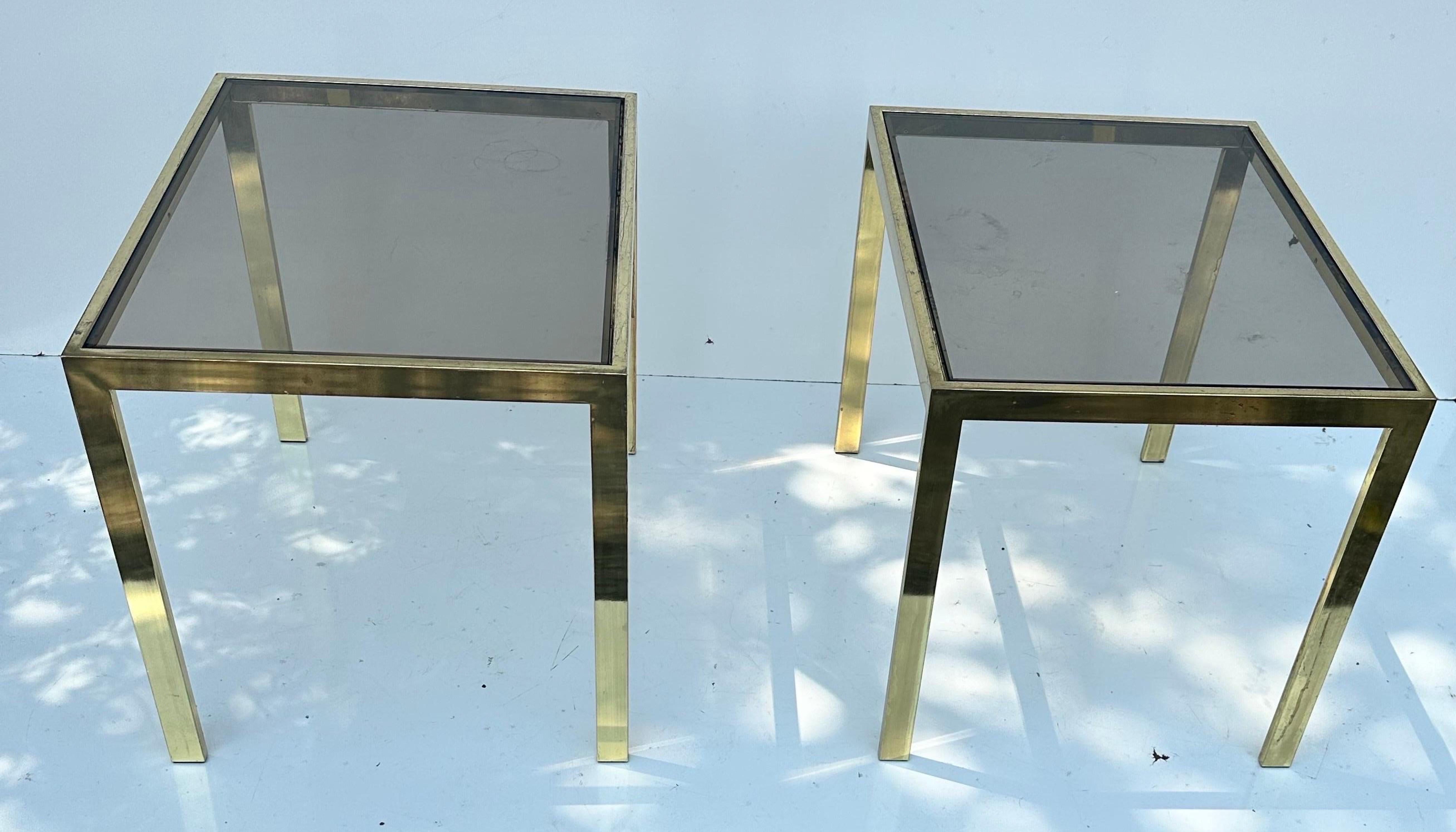 Pair of Milo Baughman Style Side Brass and Smoke glass side table  In Fair Condition For Sale In Miami, FL