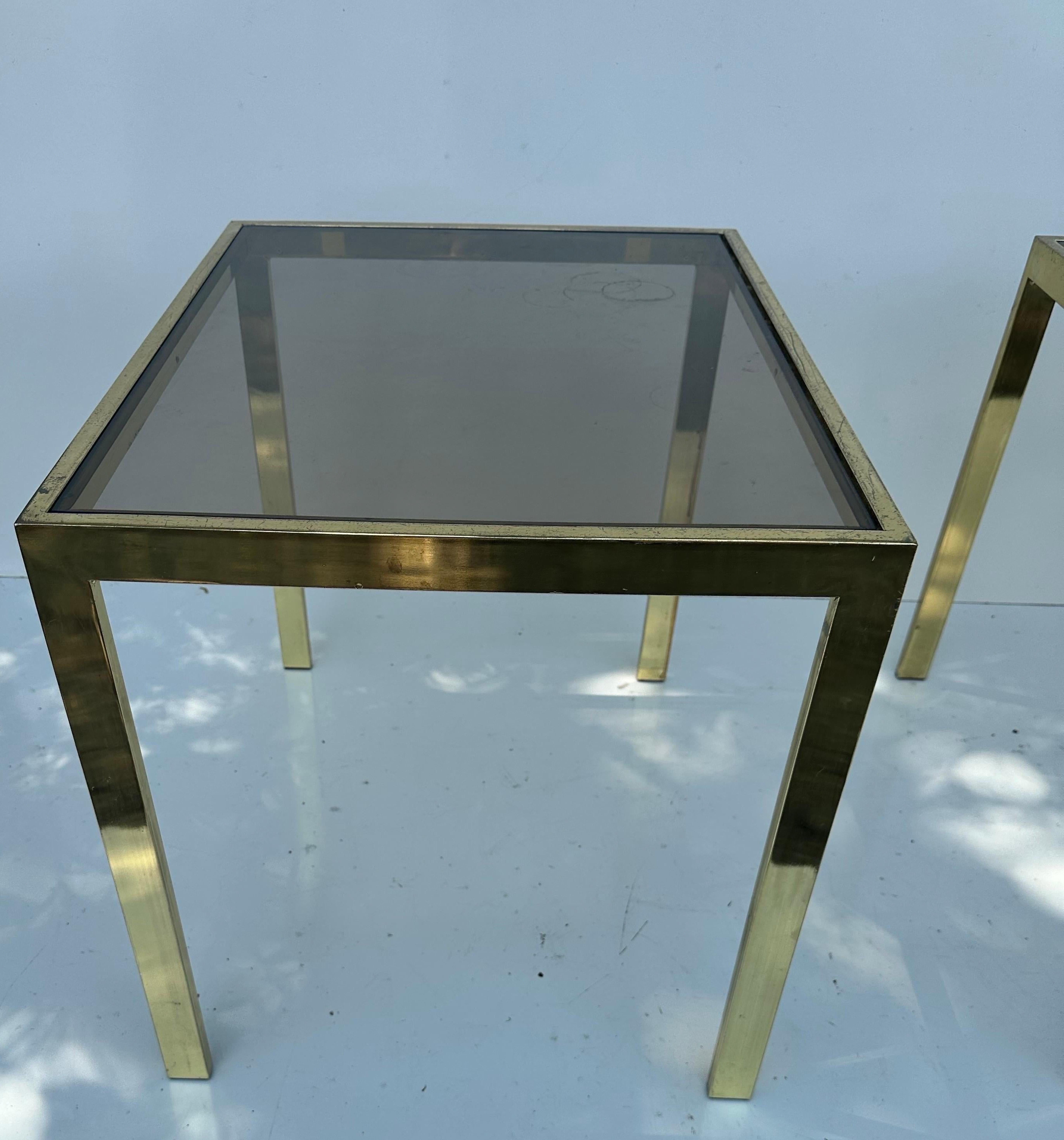 Pair of Milo Baughman Style Side Brass and Smoke glass side table  For Sale 3