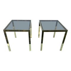 Pair of Milo Baughman Style Side Brass and Smoke glass side table