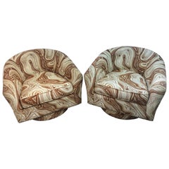 Pair of Milo Baughman Style Swivel Chairs with Custom Marbleized Upholstery