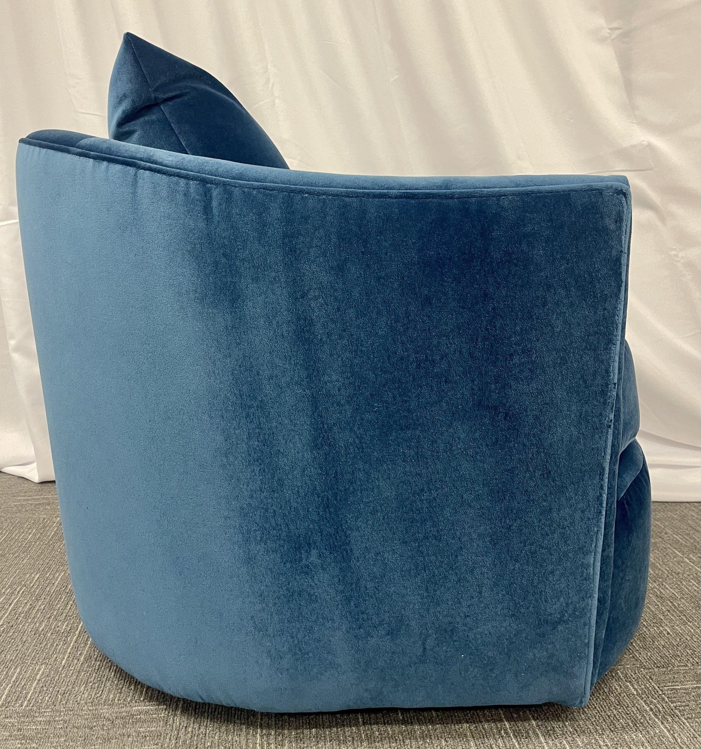 Pair of Milo Baughman Style Swivel, Tub Chairs, Blue Velvet, American, 1980s 1