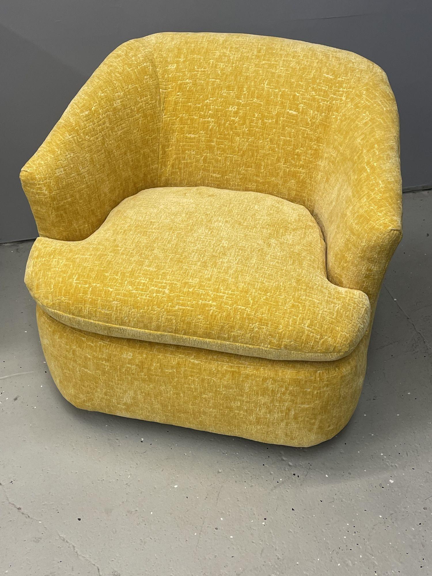 American Pair of Milo Baughman Style Swivel / Tub Chairs, New Yellow Textured Upholstery