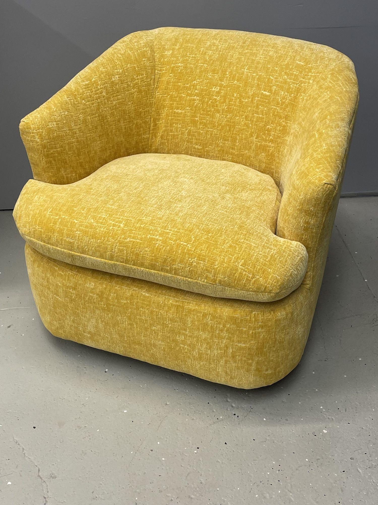 20th Century Pair of Milo Baughman Style Swivel / Tub Chairs, New Yellow Textured Upholstery