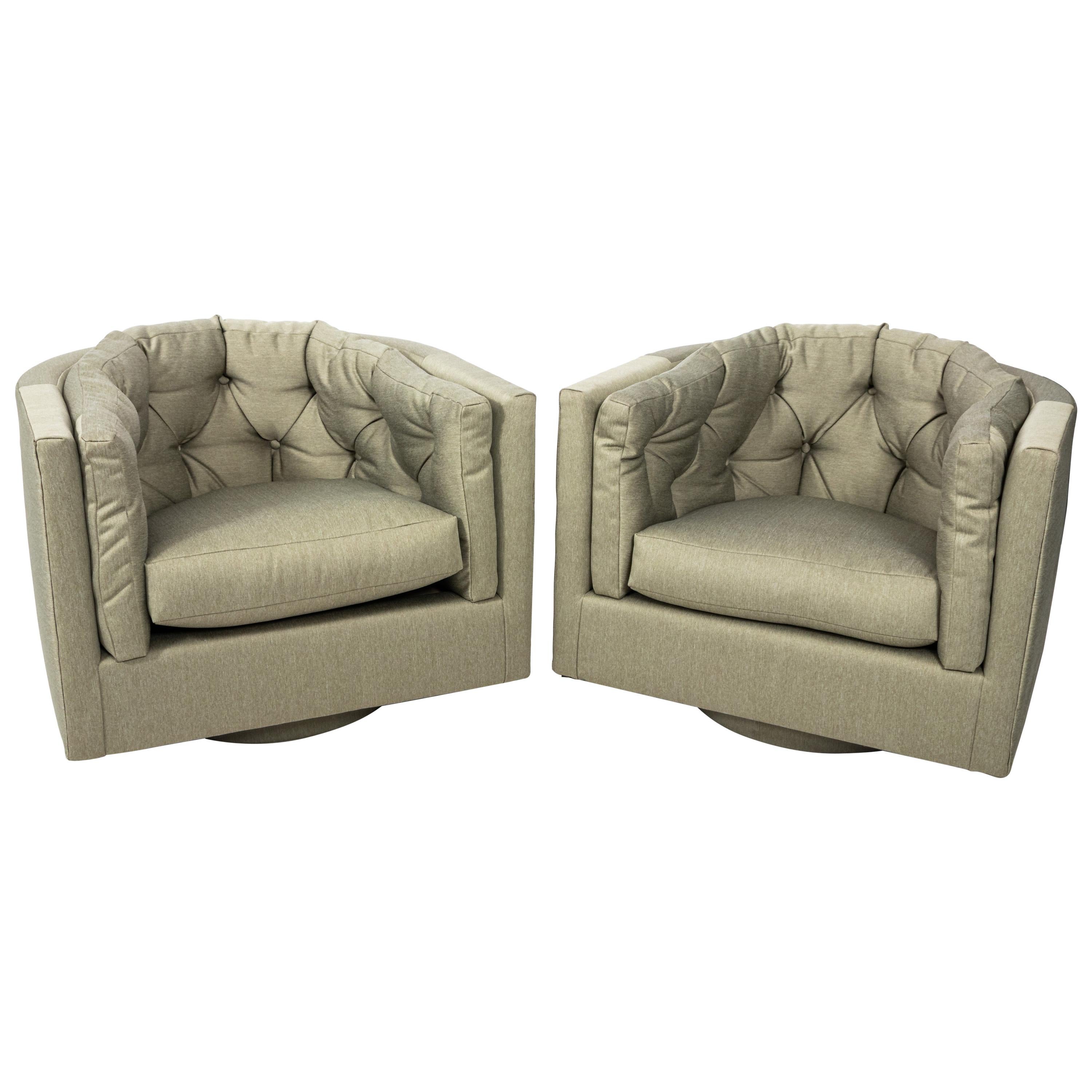 Pair of Milo Baughman Style Tufted Barrel Back Swivel Chairs