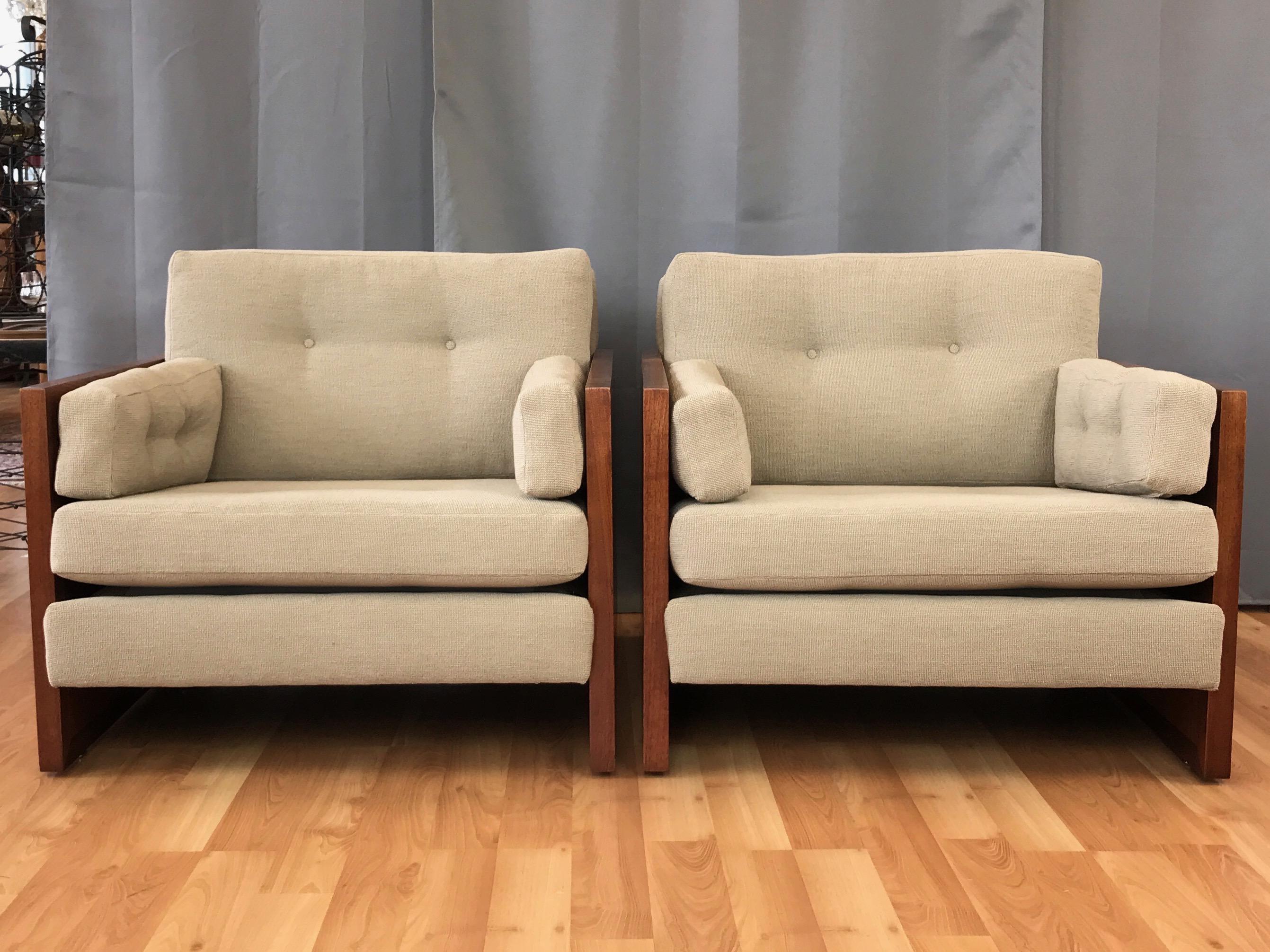 American Pair of Milo Baughman-Style Walnut Cube Lounge Chairs