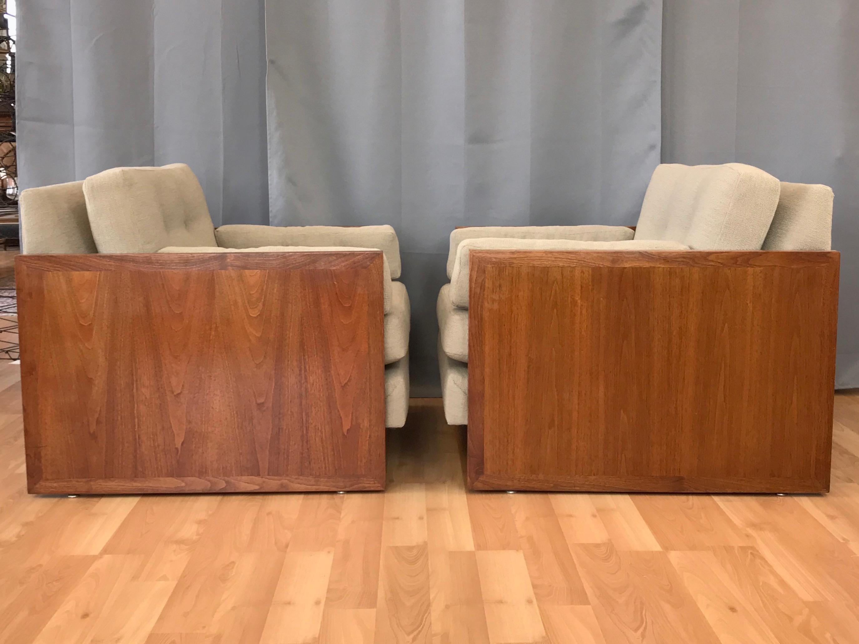 Mid-20th Century Pair of Milo Baughman-Style Walnut Cube Lounge Chairs