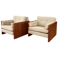 Pair of Milo Baughman-Style Walnut Cube Lounge Chairs