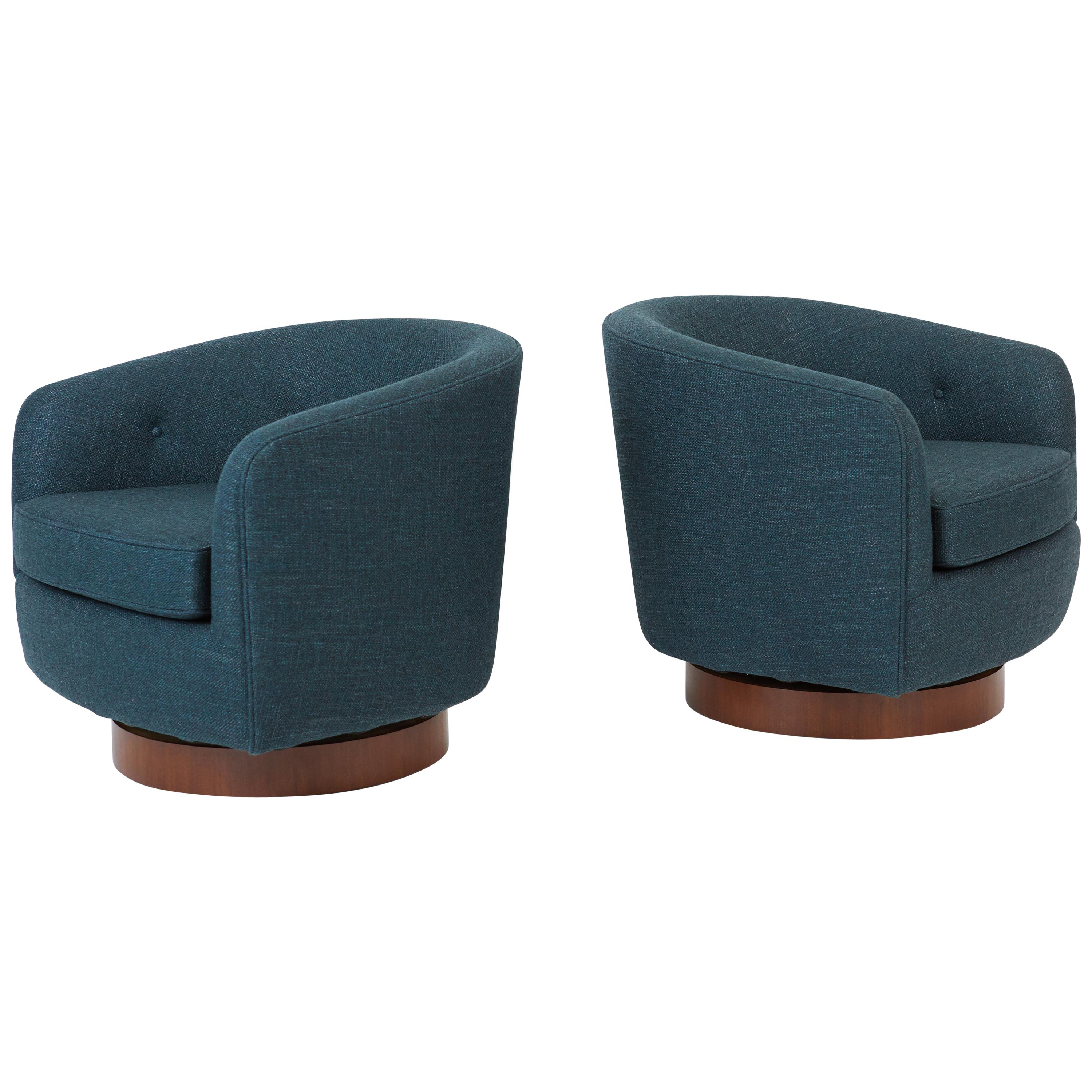 Pair of Milo Baughman Swivel Chairs on Walnut Bases