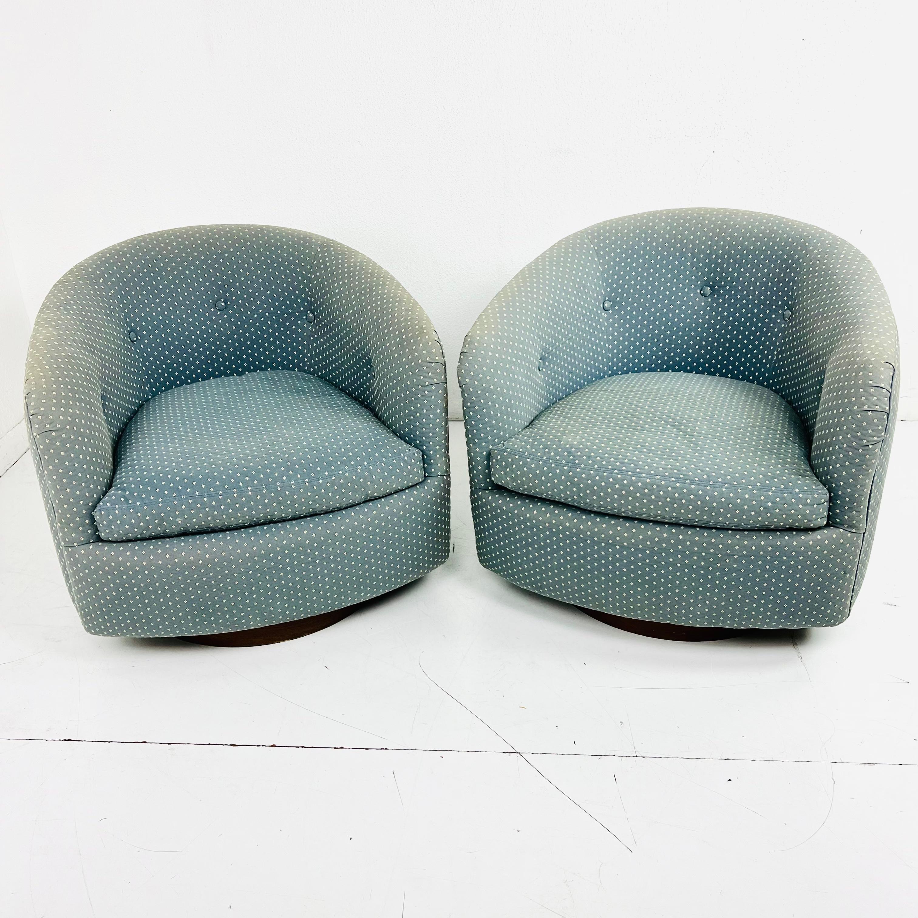 Late 20th Century Pair of Milo Baughman Swivel / Tilt Chairs on Walnut Plinth Bases