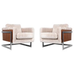 Pair of Milo Baughman T-Back Cube Lounge Chairs Reupholstered in Shearling