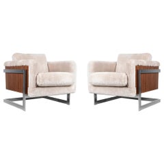 Pair of Milo Baughman T-Back Cube Lounge Chairs Reupholstered in Shearling