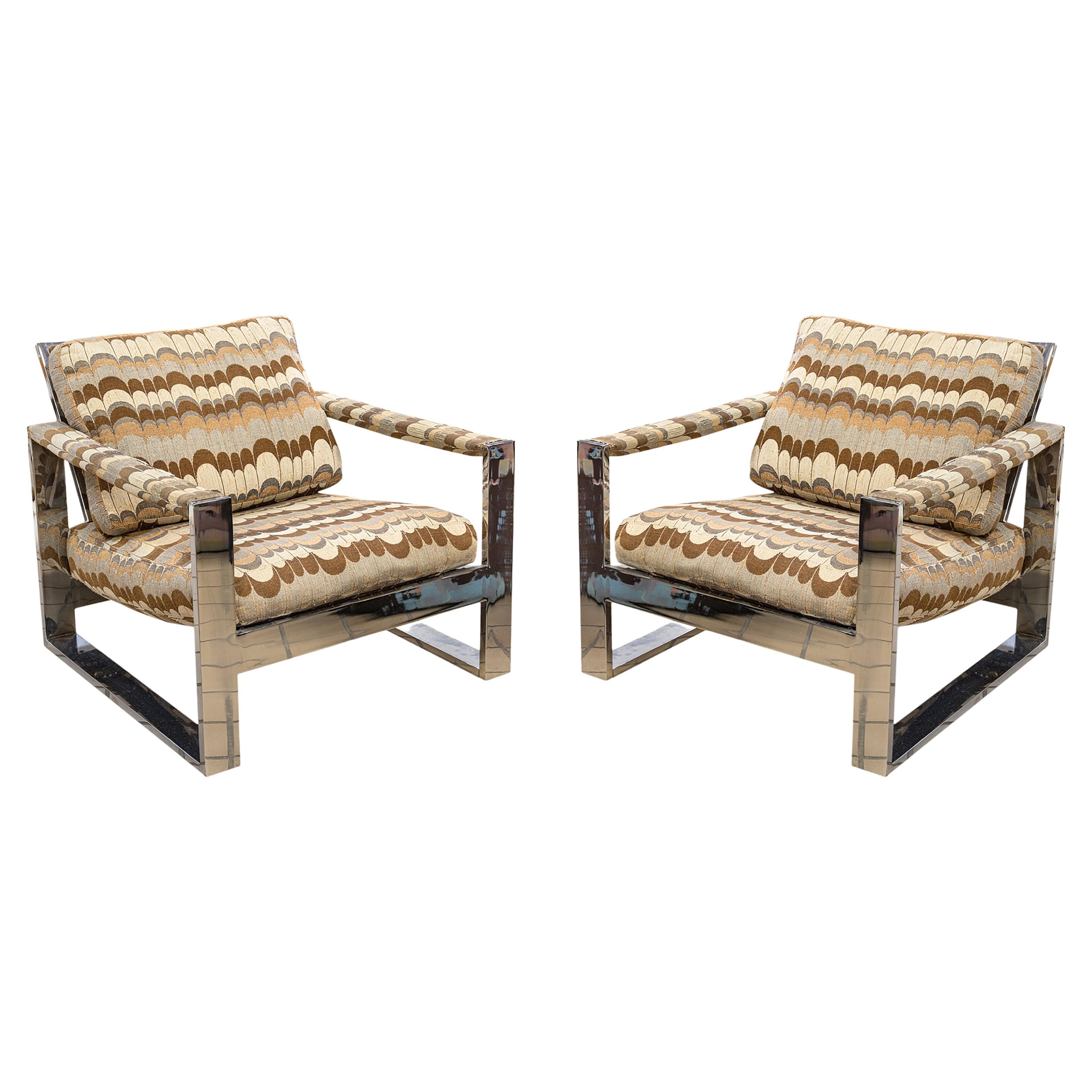 Pair of Milo Baughman Thayer Coggin Flat Bar Chrome Lounge Chairs Mid Century For Sale