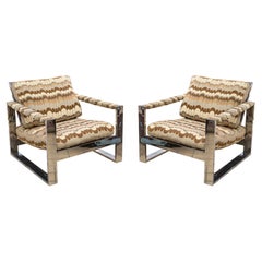 Retro Pair of Milo Baughman Thayer Coggin Flat Bar Chrome Lounge Chairs Mid Century