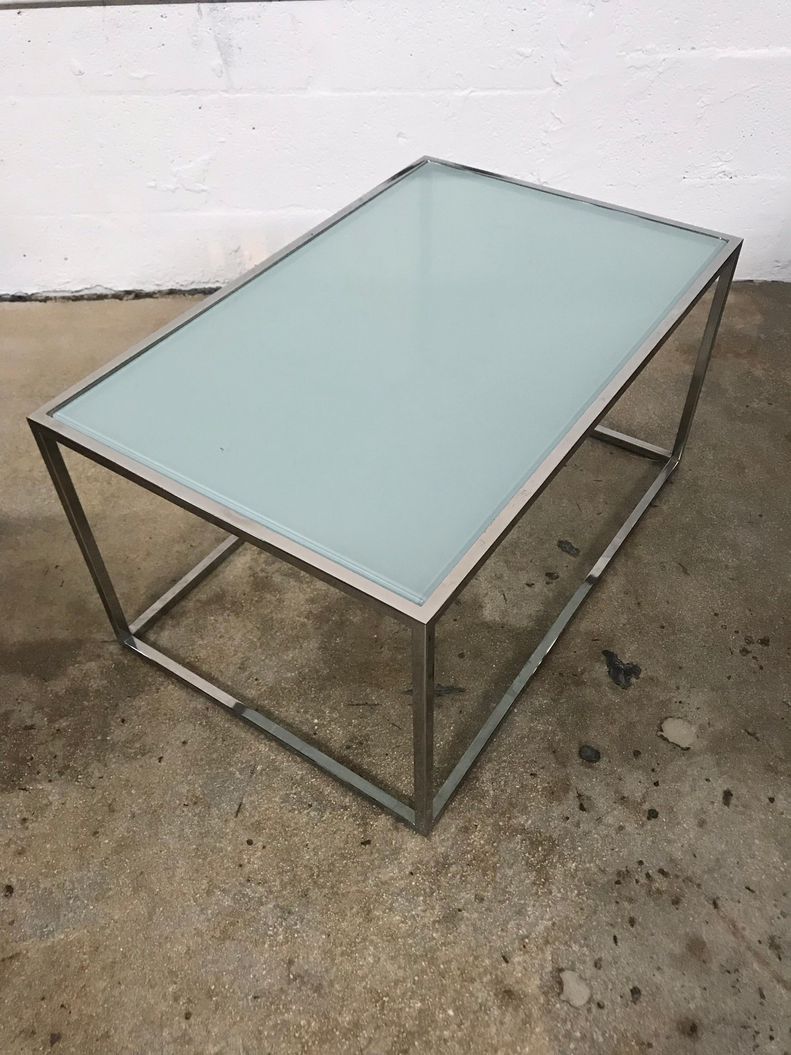 American Pair Chrome and Frosted Glass Tables in the Style of Milo Baughman, circa 1970s. For Sale