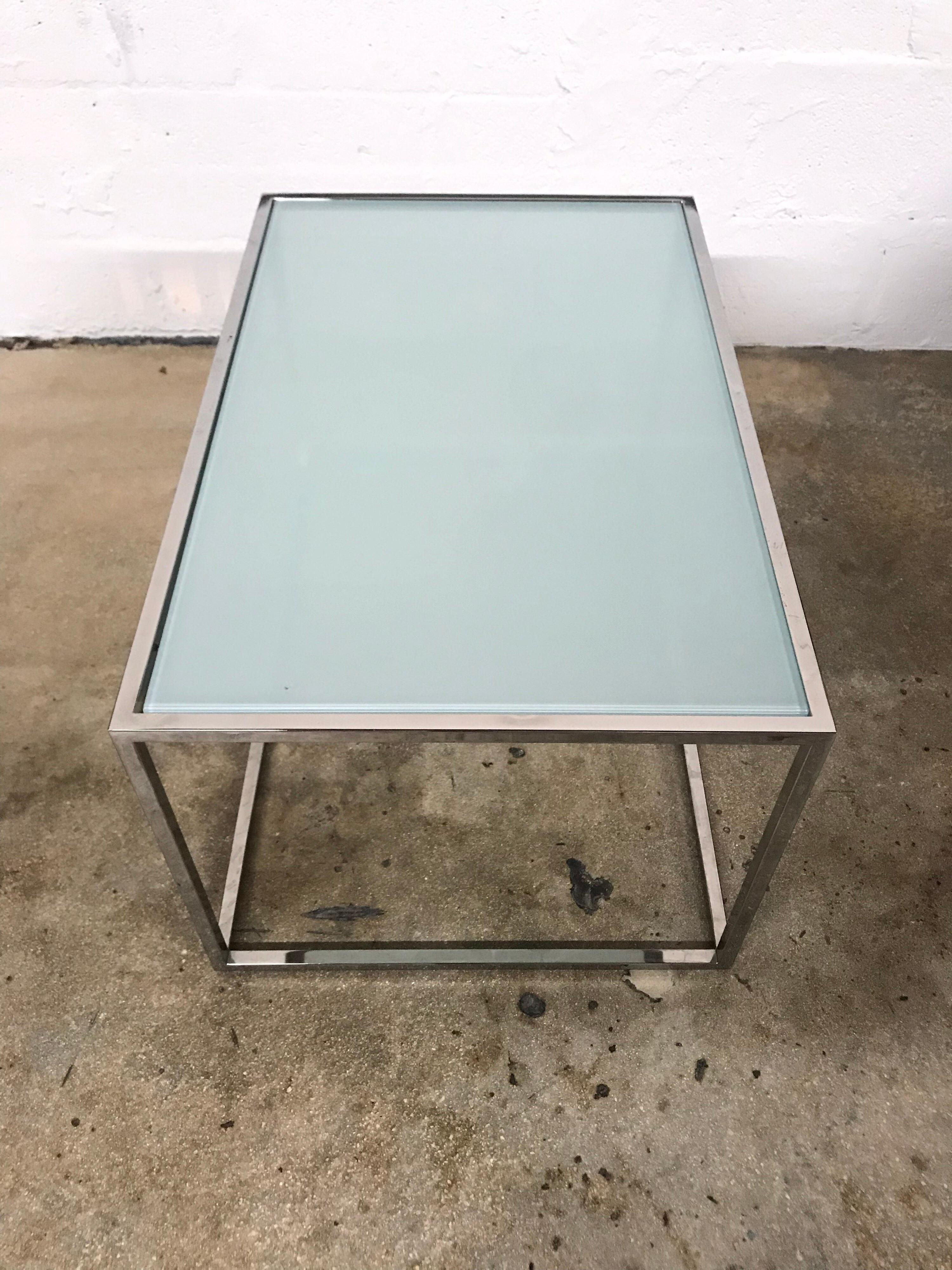 20th Century Pair Chrome and Frosted Glass Tables in the Style of Milo Baughman, circa 1970s. For Sale