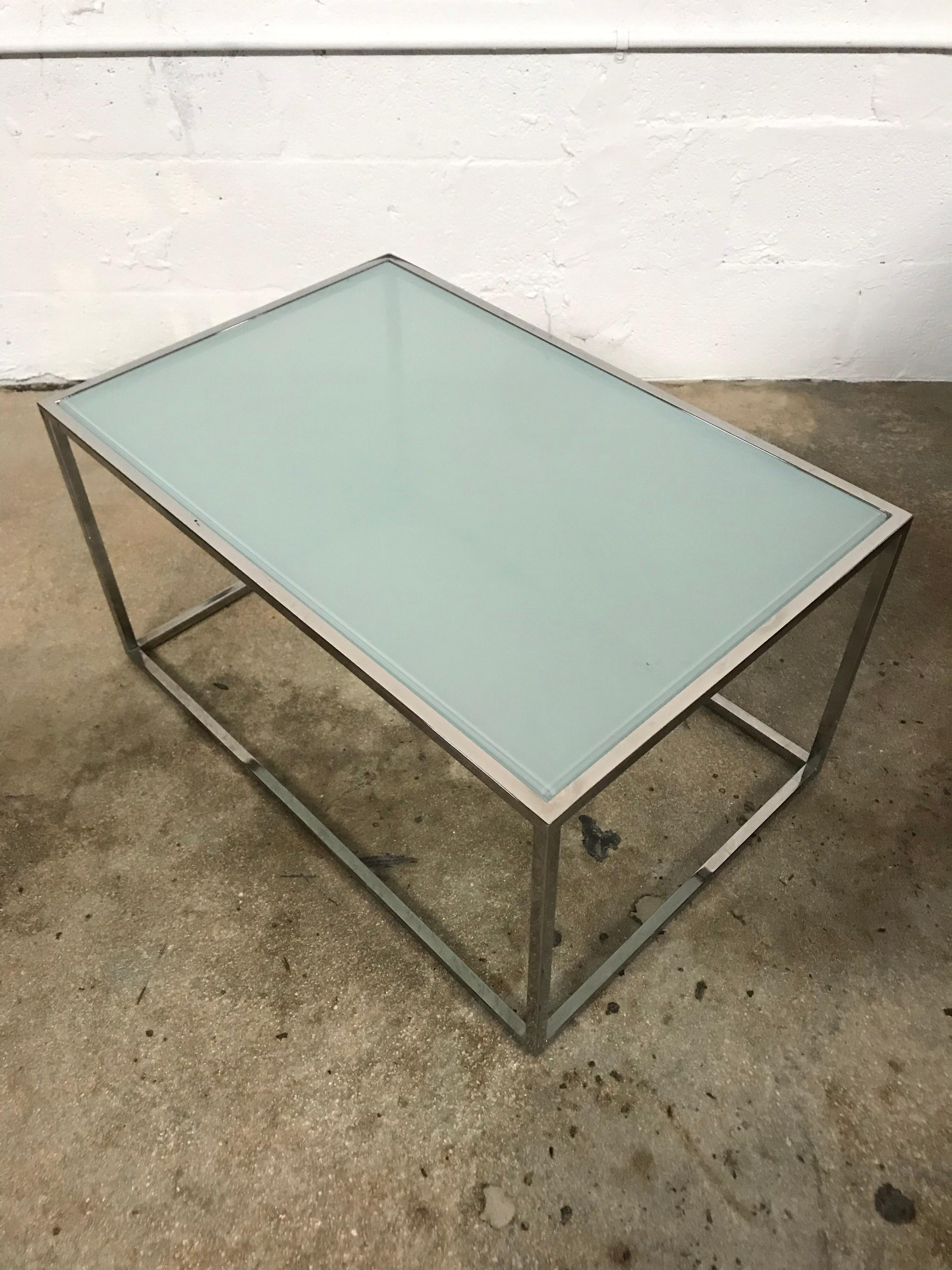 Steel Pair Chrome and Frosted Glass Tables in the Style of Milo Baughman, circa 1970s. For Sale