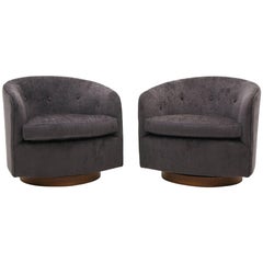 Pair of Milo Baughman Tilt Swivel Club Chairs, Charcoal Robert Allen Chenille