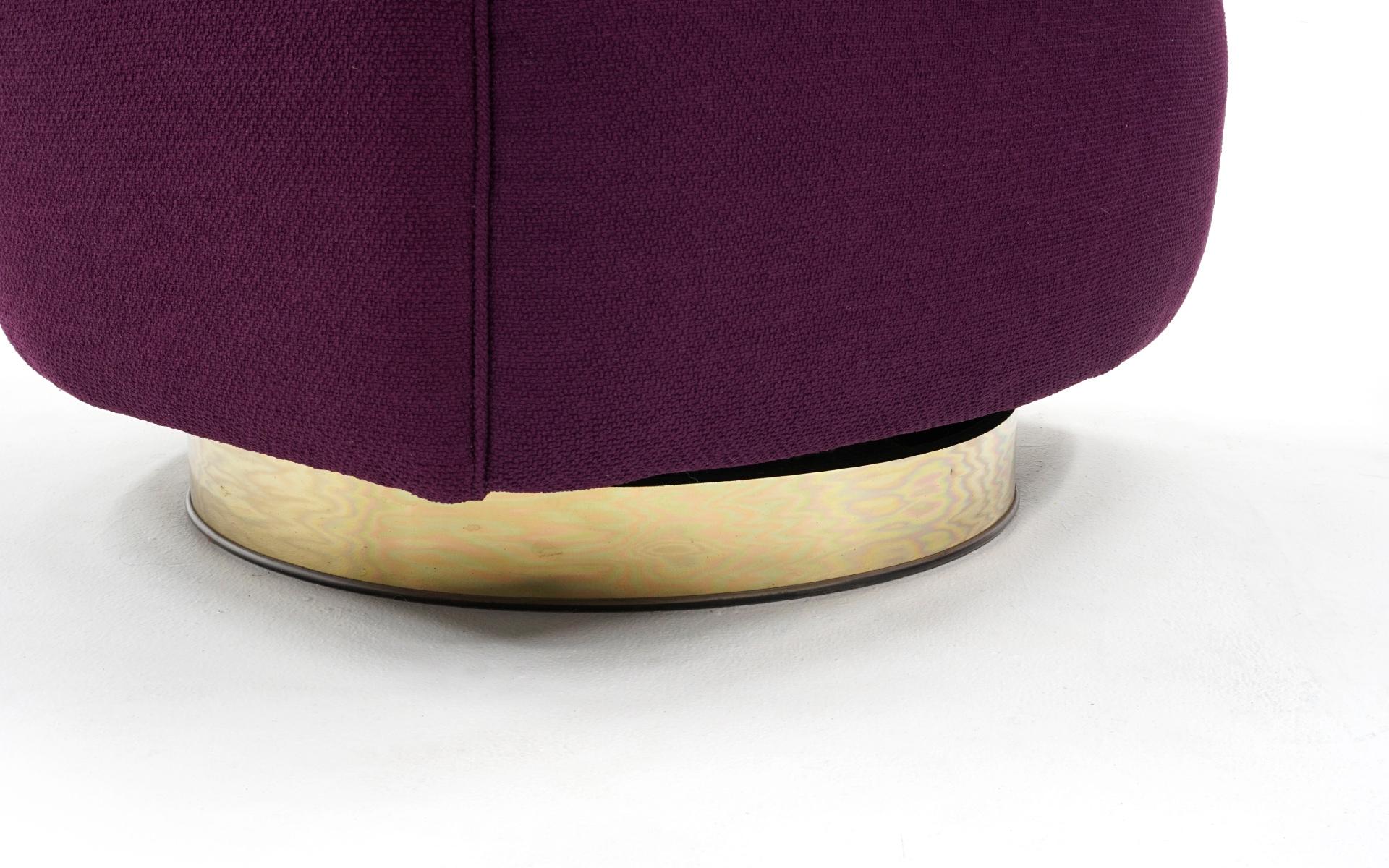 North American Pair of Milo Baughman Tilt Swivel Club Lounge Chairs, Brass base, Purple Fabric