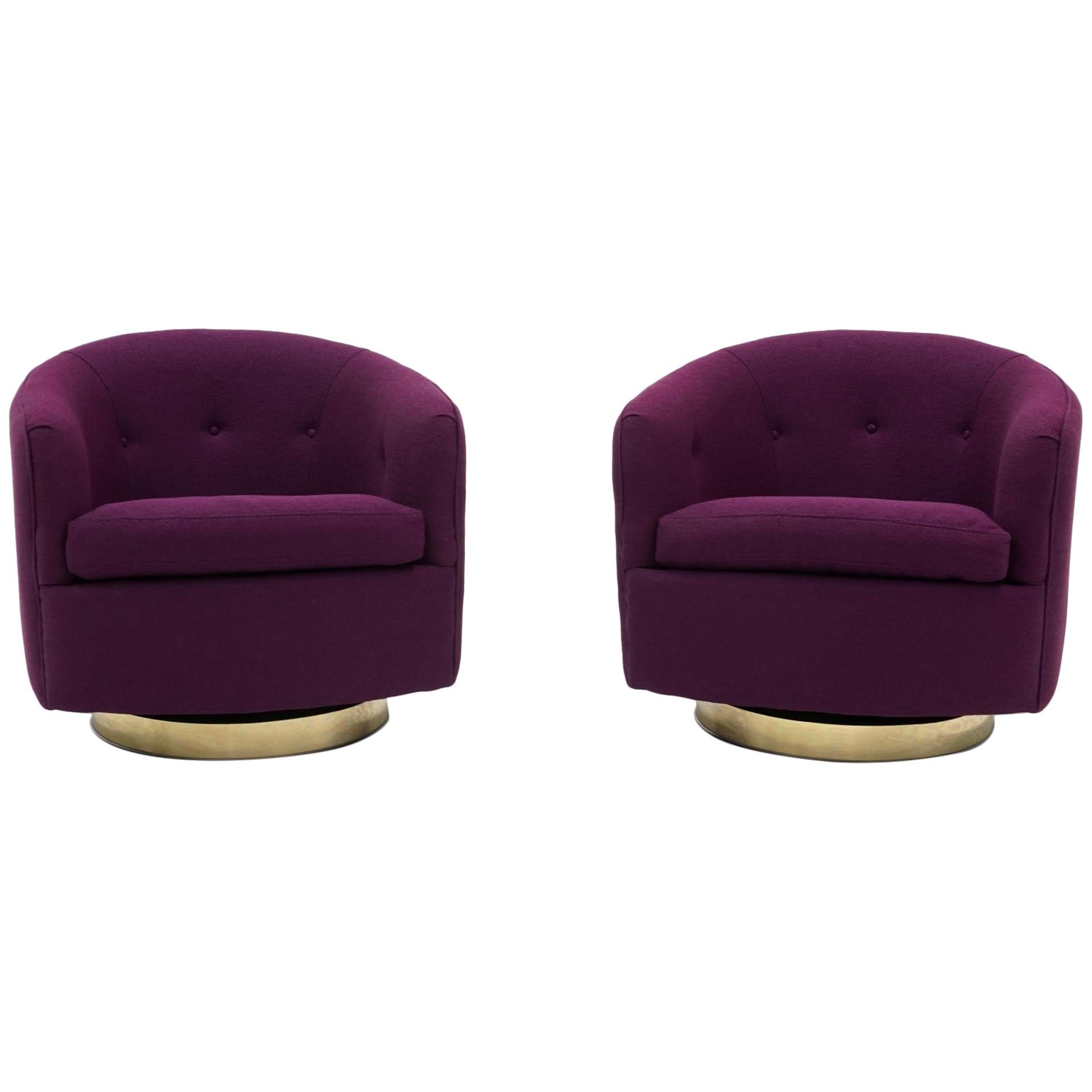 Pair of Milo Baughman Tilt Swivel Club Lounge Chairs, Brass base, Purple Fabric