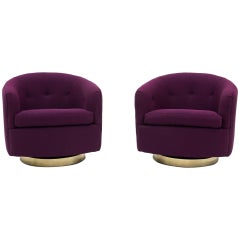 Pair of Milo Baughman Tilt Swivel Club Lounge Chairs, Brass base, Purple Fabric