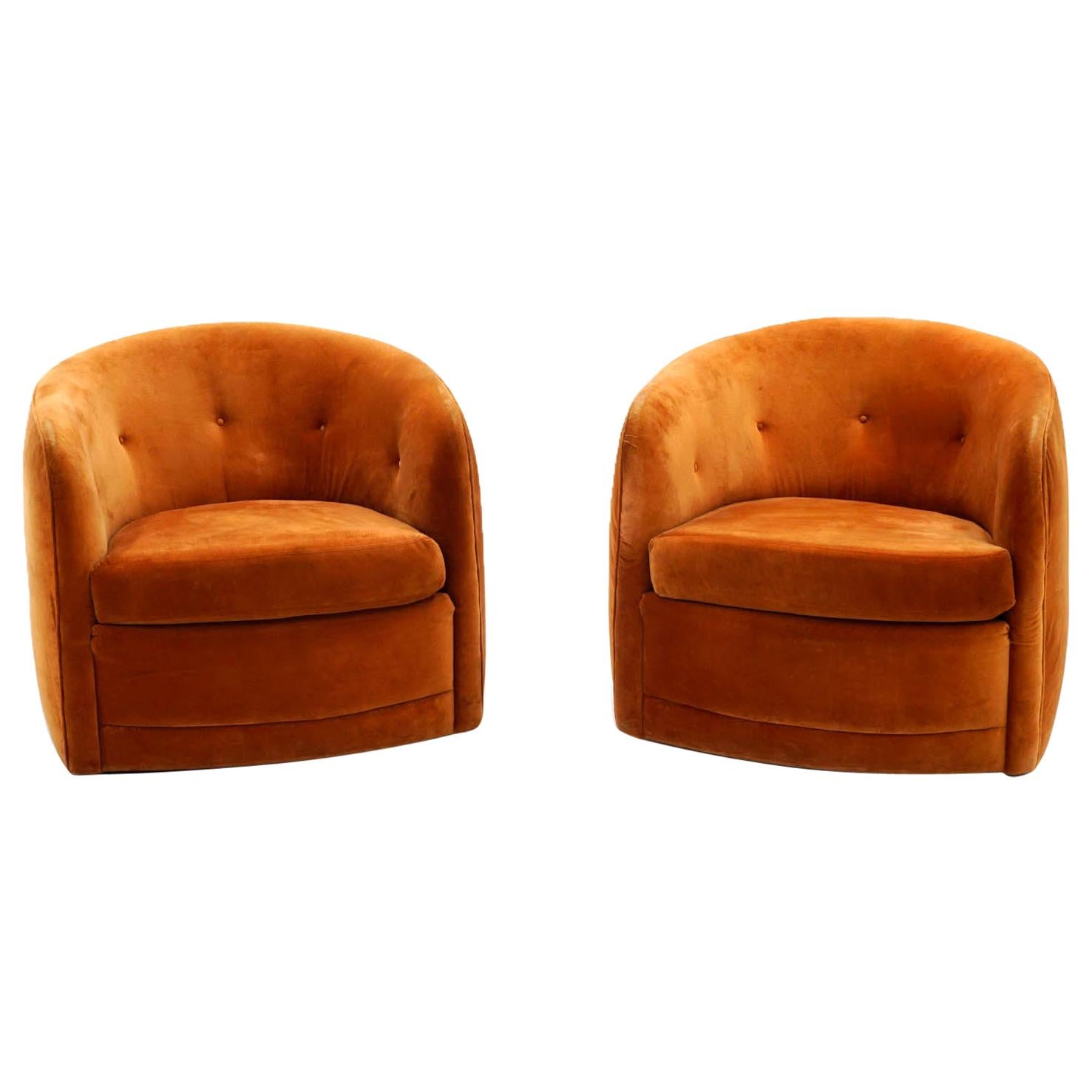 Pair of Milo Baughman Tilt Swivel Club / Lounge Chairs in Original Orange Velvet