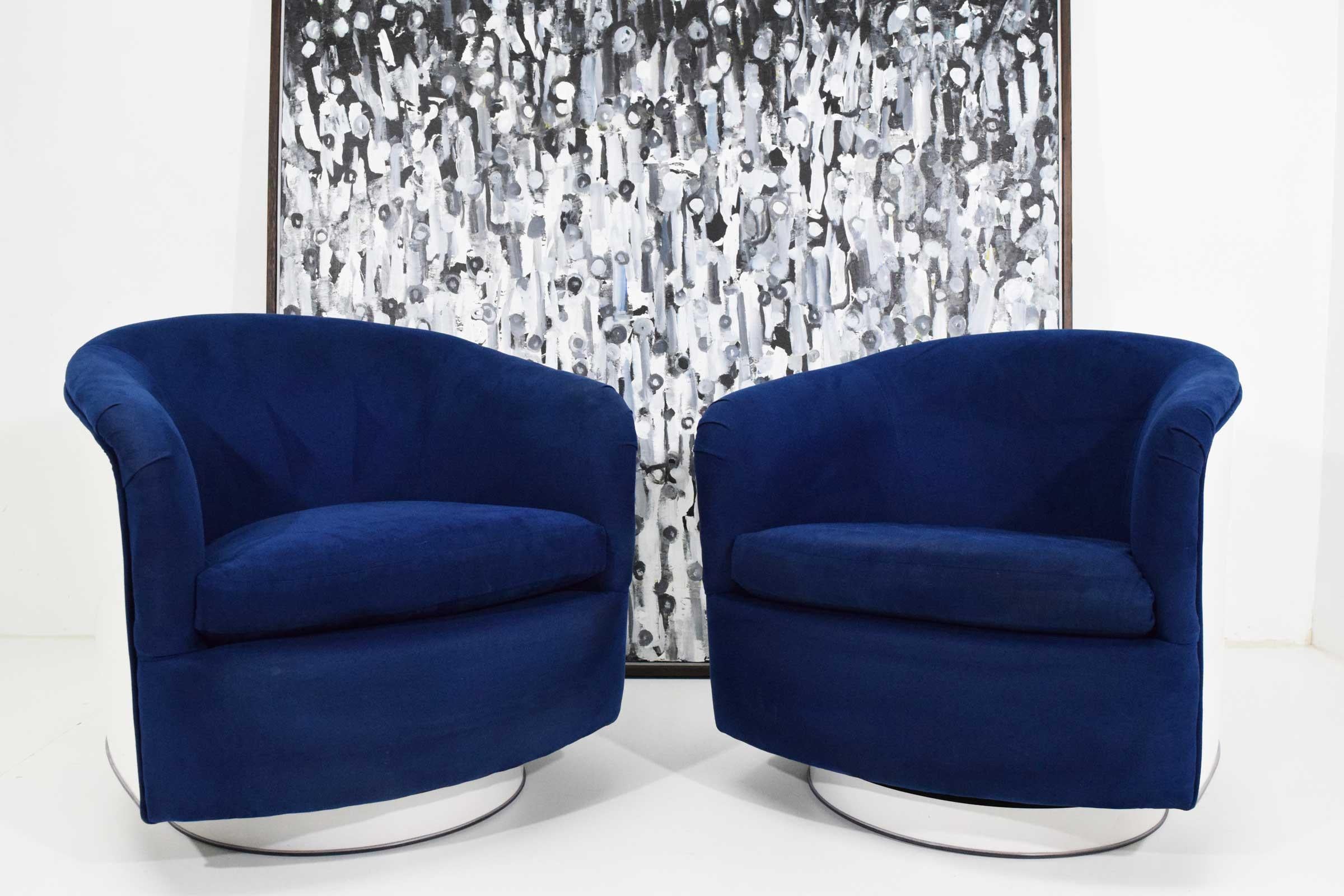 Pair of Milo Baughman Tilt/Swivel Lounge Chairs in Blue with White Lacquer In Good Condition In Dallas, TX