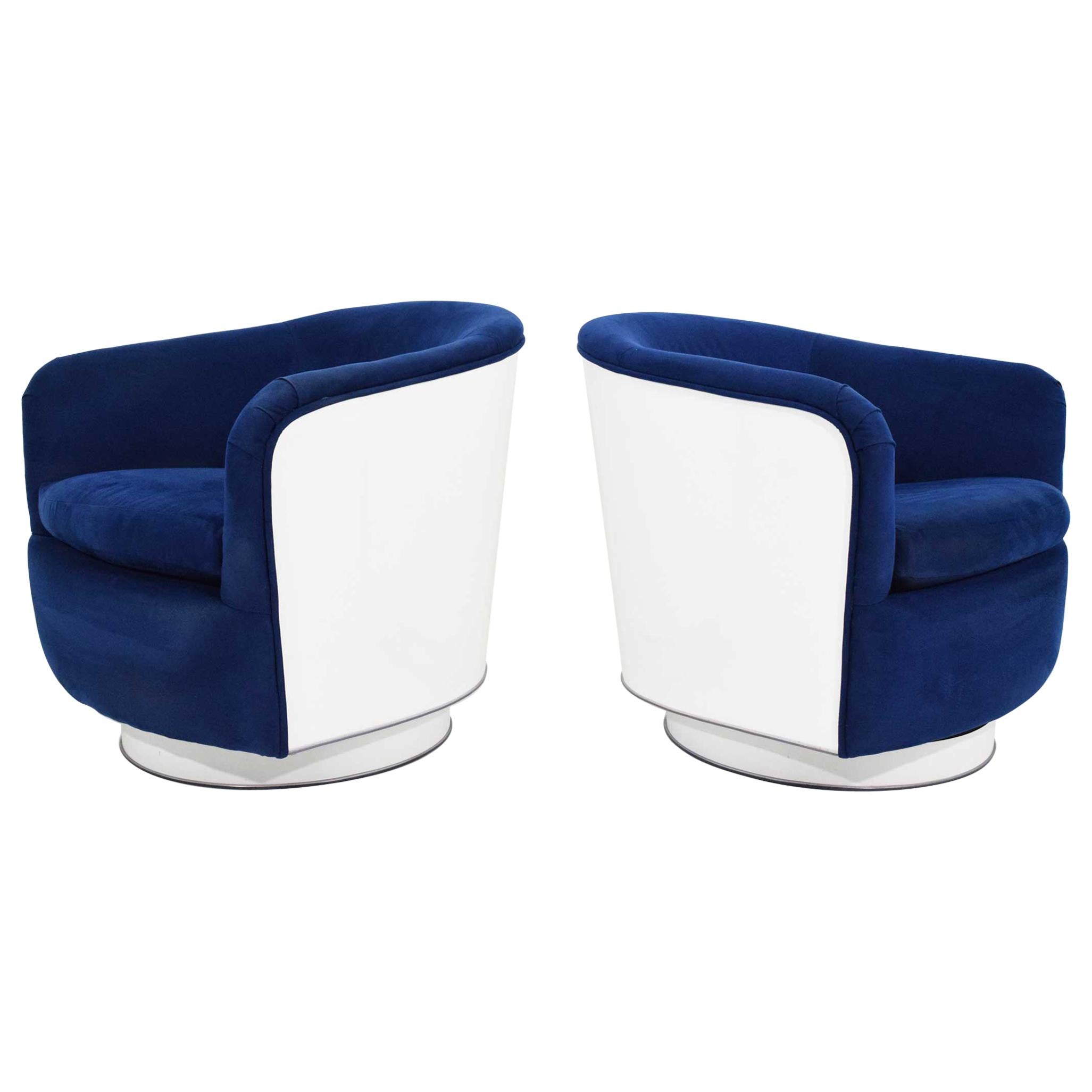 Pair of Milo Baughman Tilt/Swivel Lounge Chairs in Blue with White Lacquer