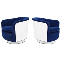 Pair of Milo Baughman Tilt/Swivel Lounge Chairs in Blue with White Lacquer