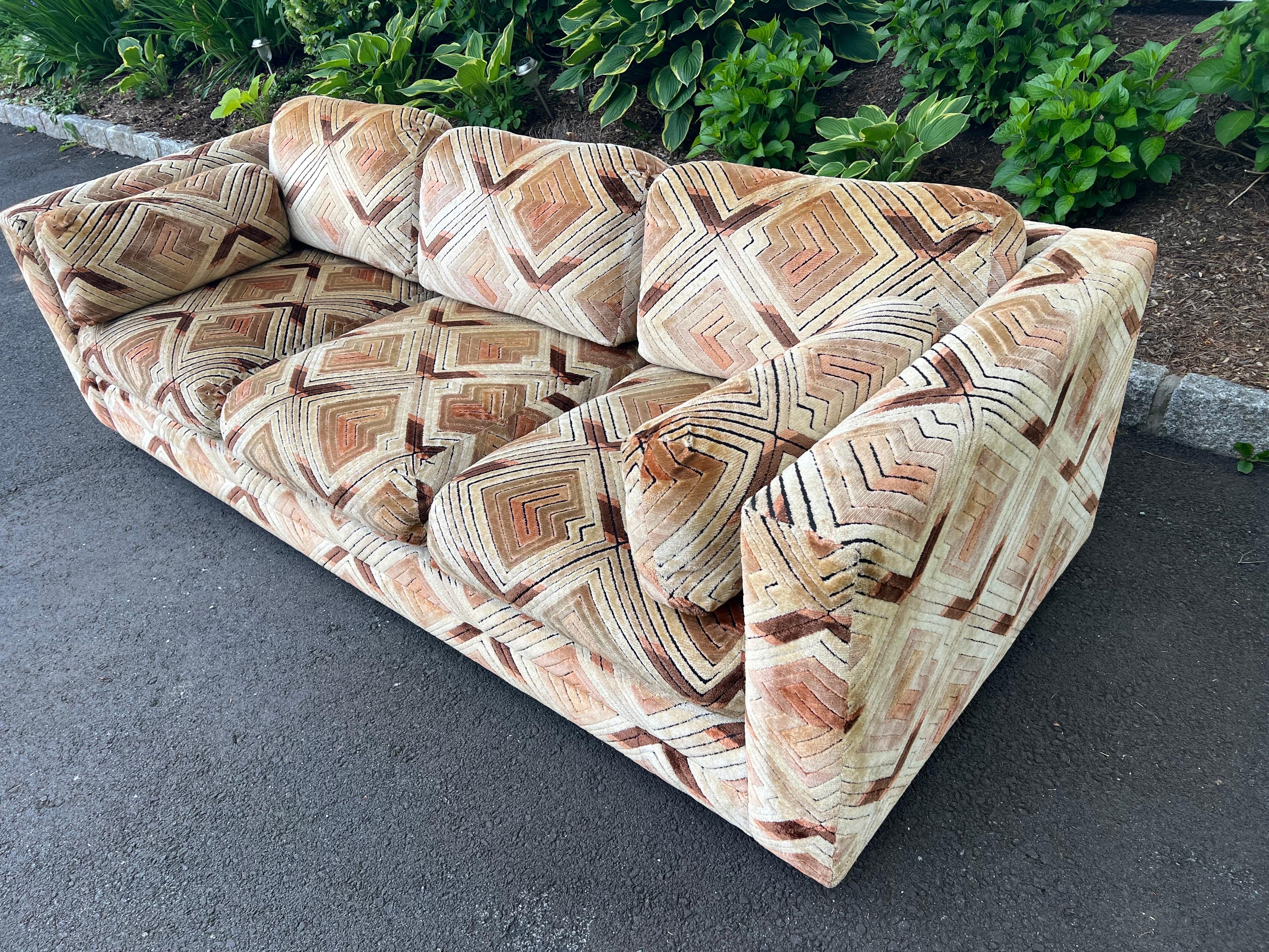 Pair of Milo Baughman Tuxedo Sofas in Chevron Pattern For Sale 4