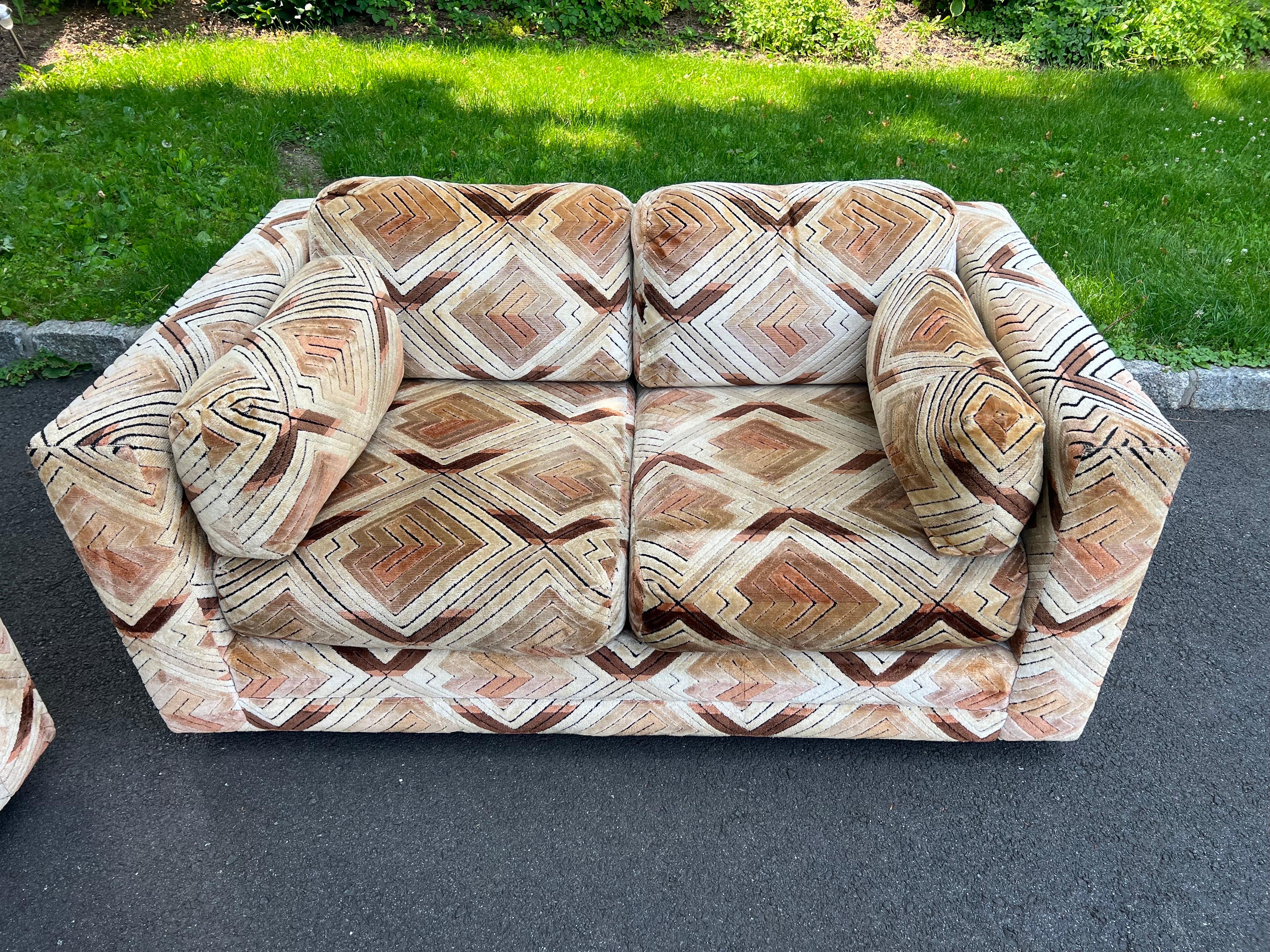 Pair of Milo Baughman Tuxedo Sofas in Chevron Pattern For Sale 5