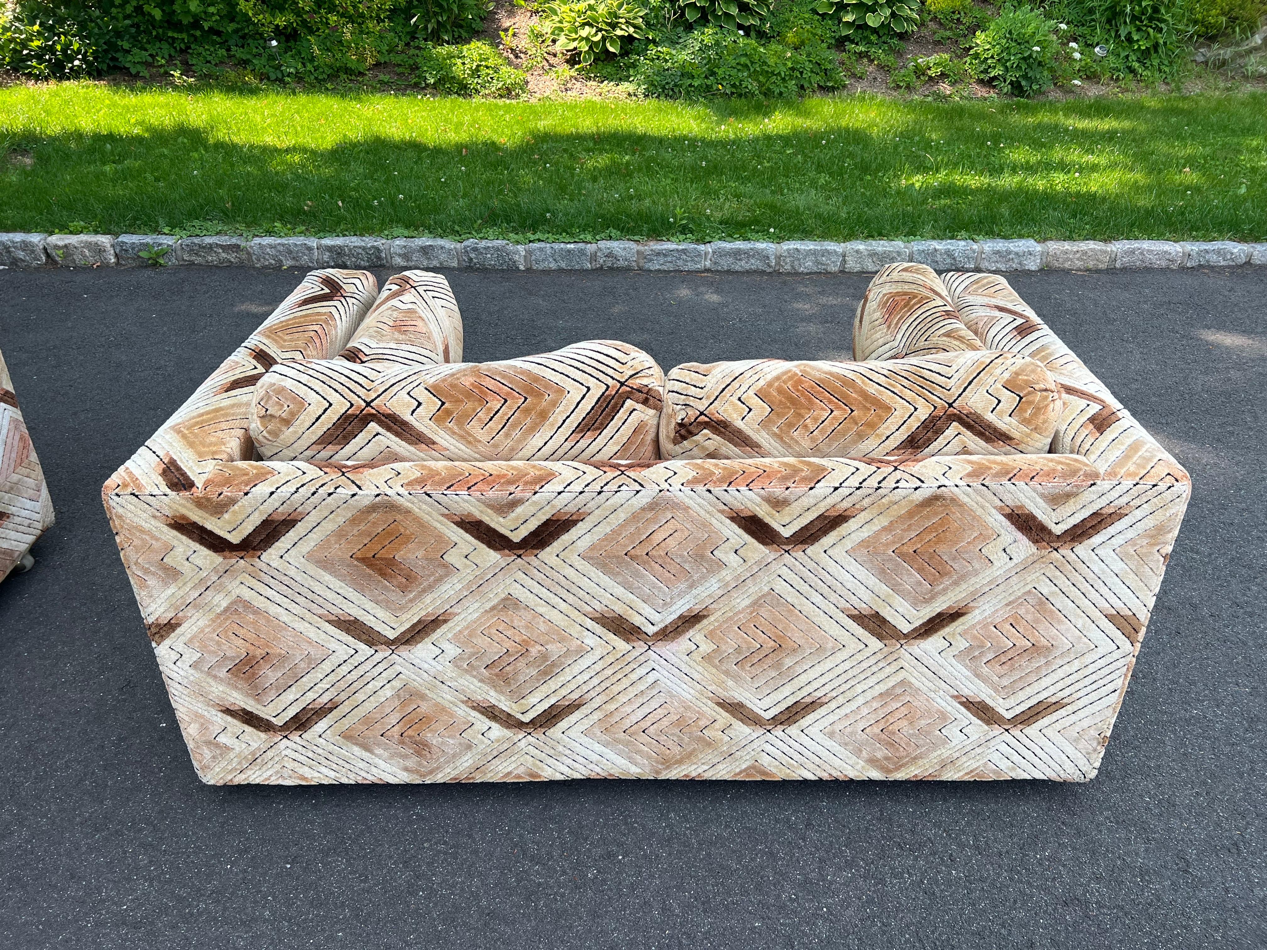 Pair of Milo Baughman Tuxedo Sofas in Chevron Pattern For Sale 7
