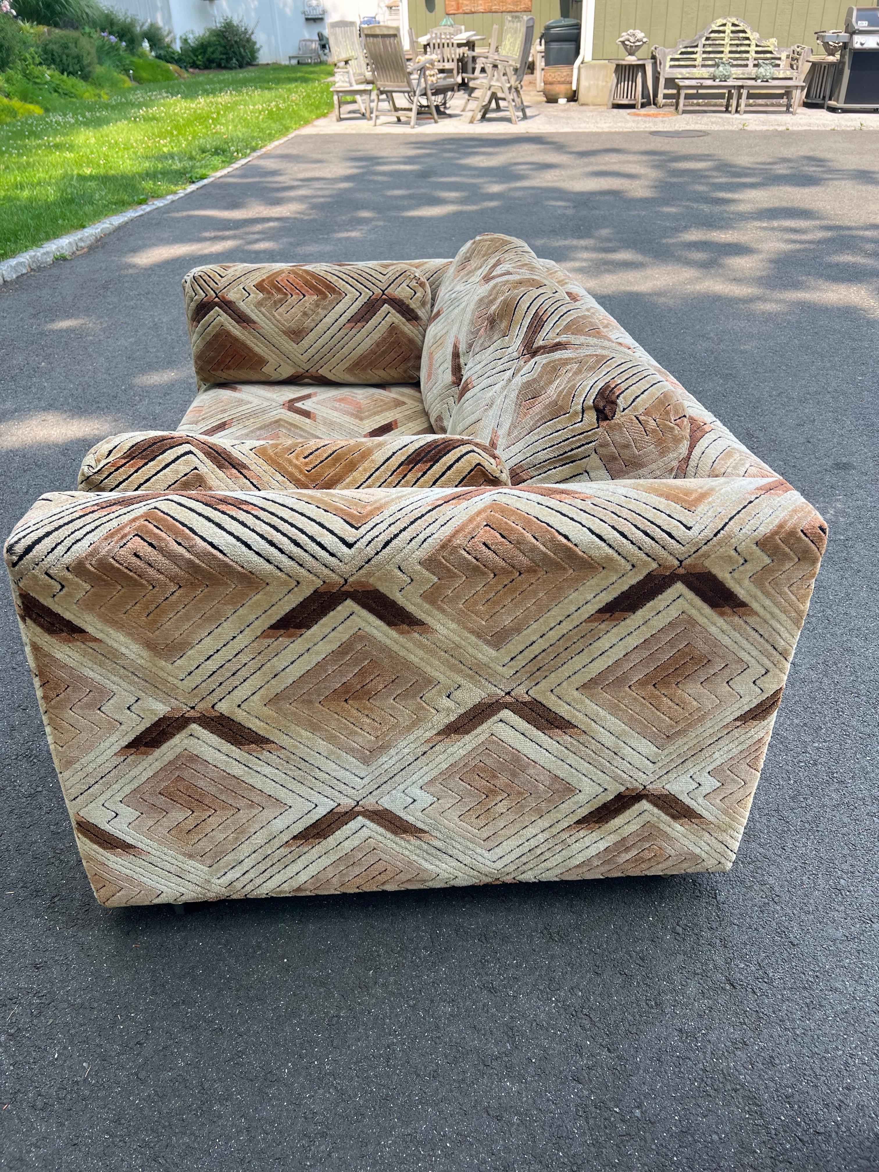 Pair of Milo Baughman Tuxedo Sofas in Chevron Pattern For Sale 8