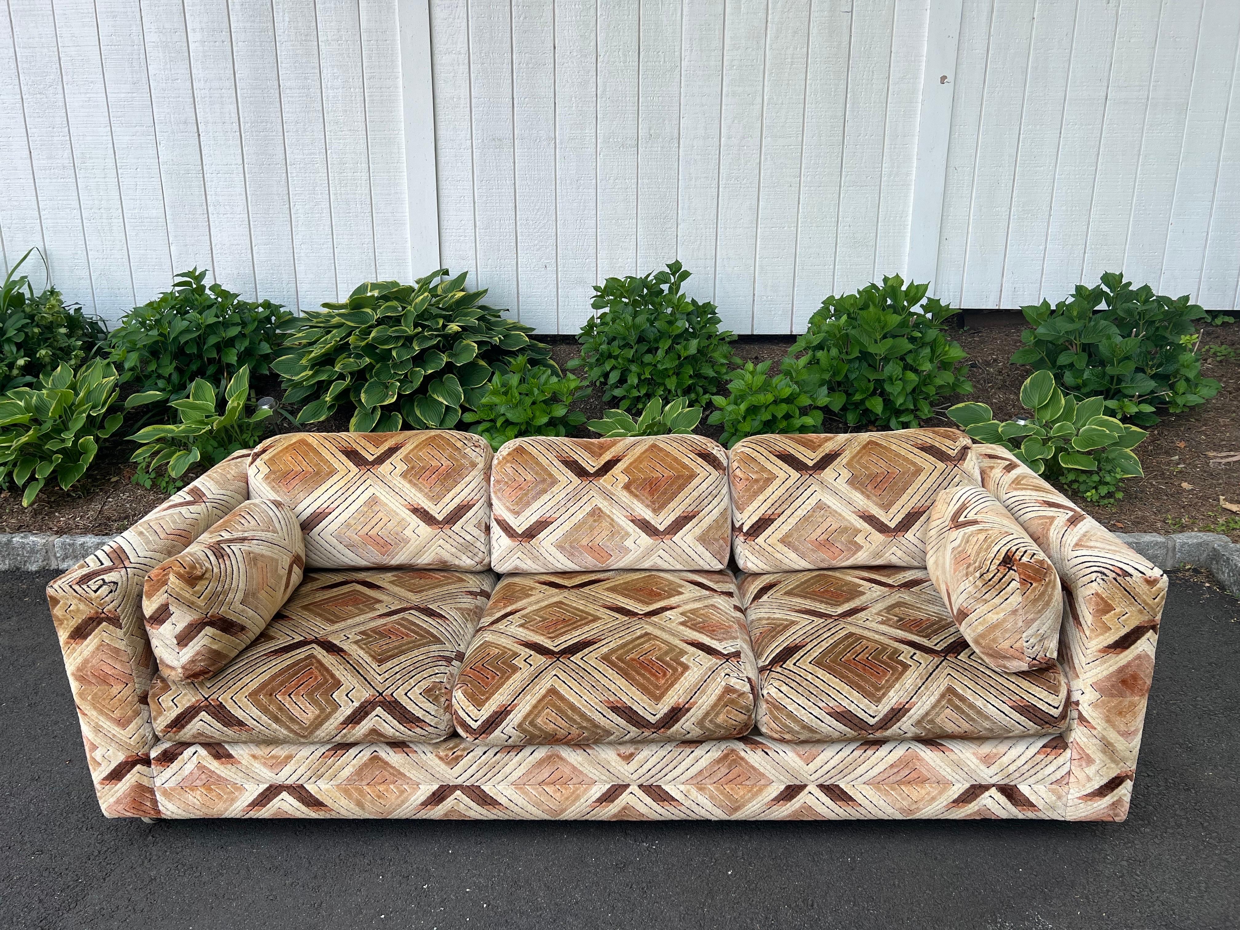Pair of Milo Baughman Tuxedo Sofas in Chevron Pattern For Sale 9