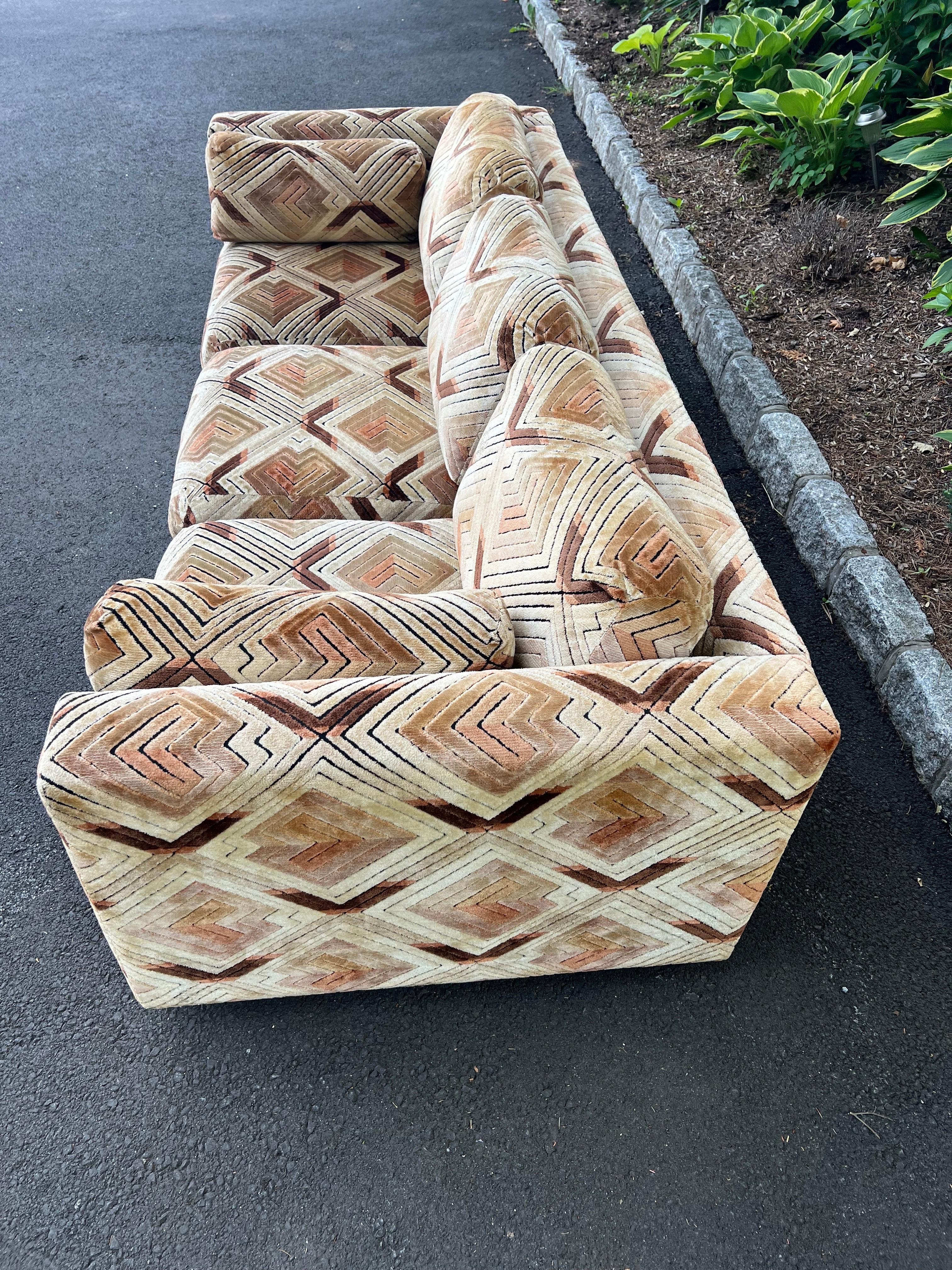 American Pair of Milo Baughman Tuxedo Sofas in Chevron Pattern For Sale