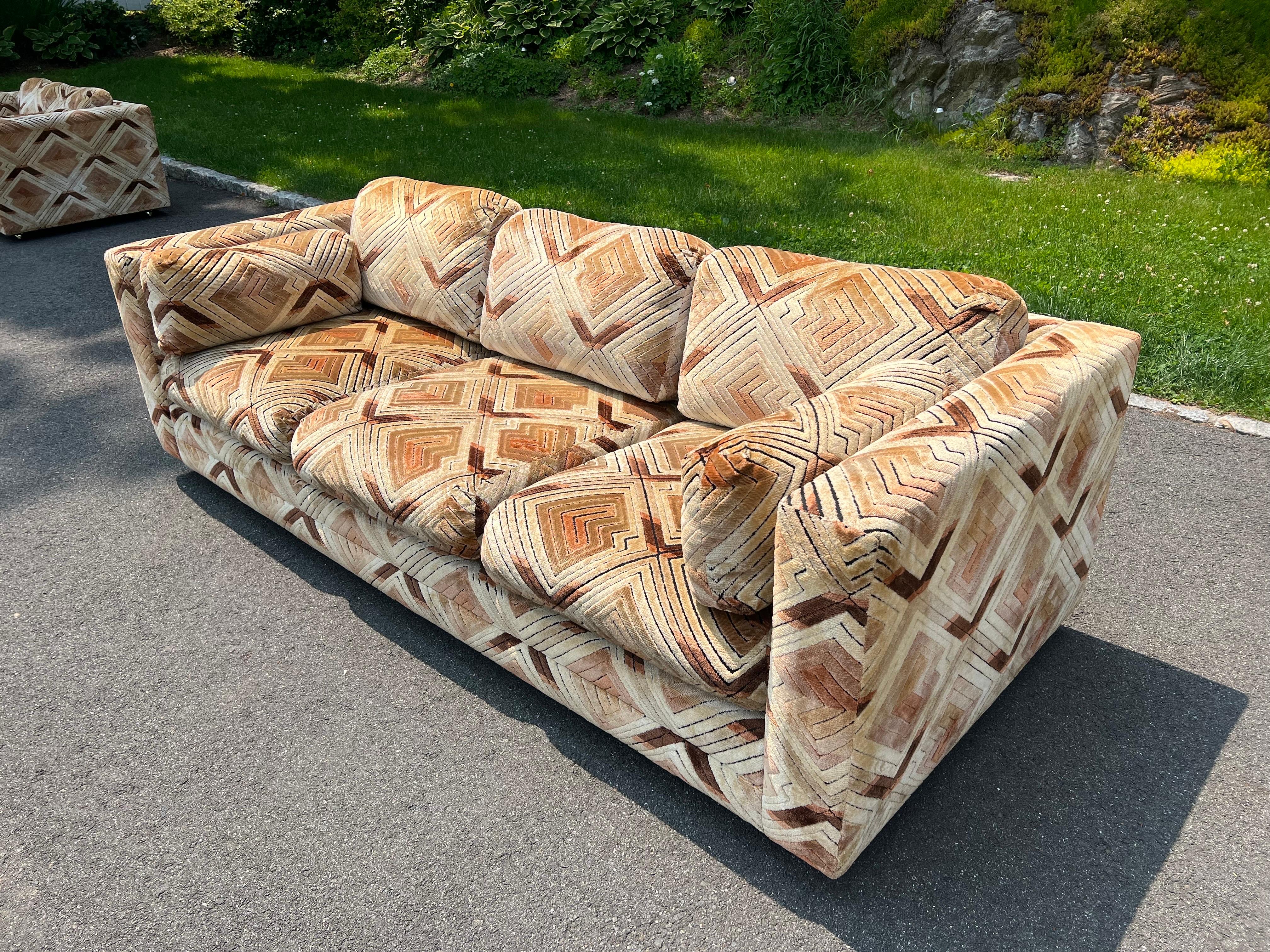 Late 20th Century Pair of Milo Baughman Tuxedo Sofas in Chevron Pattern For Sale