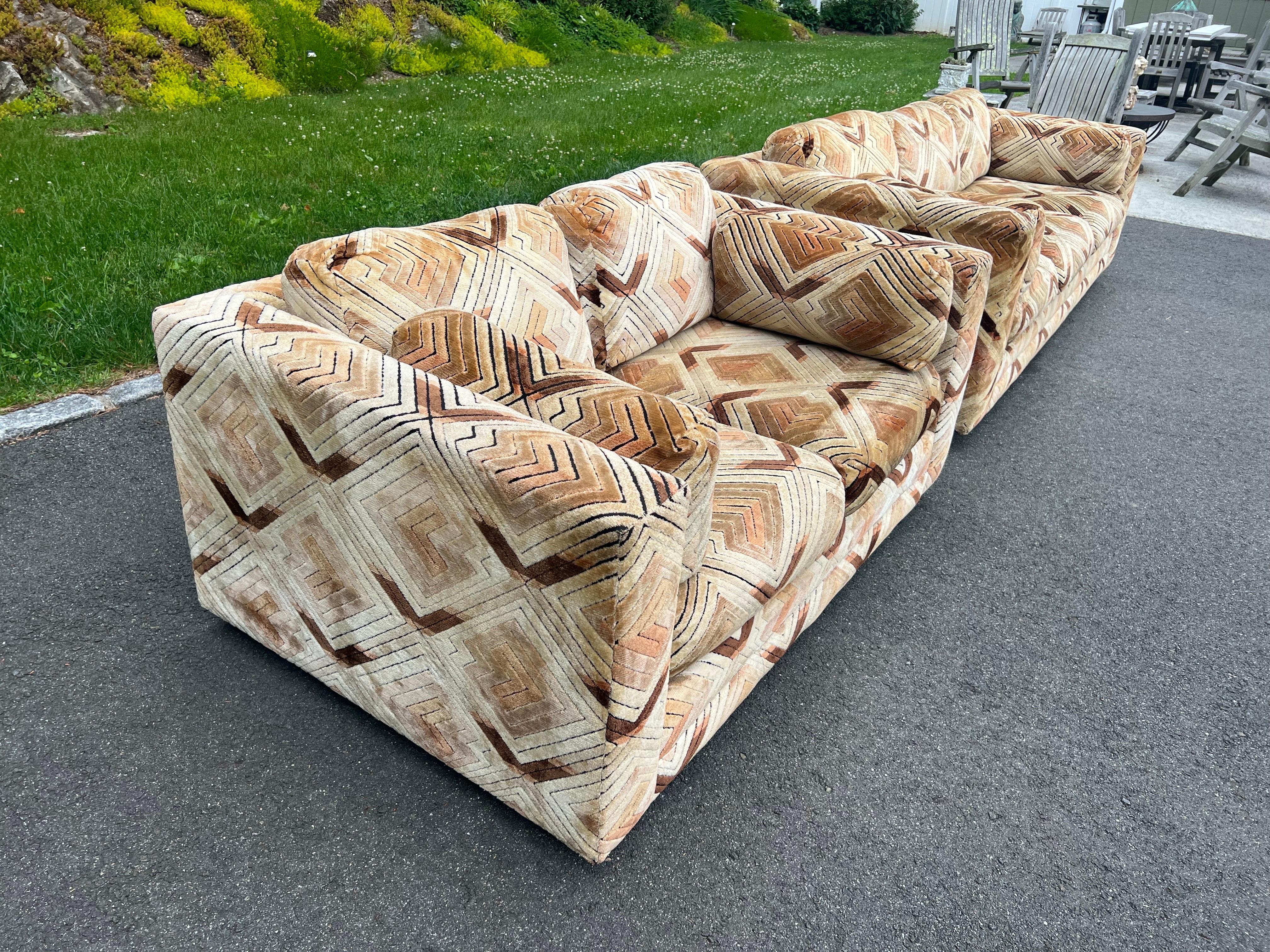 Upholstery Pair of Milo Baughman Tuxedo Sofas in Chevron Pattern For Sale