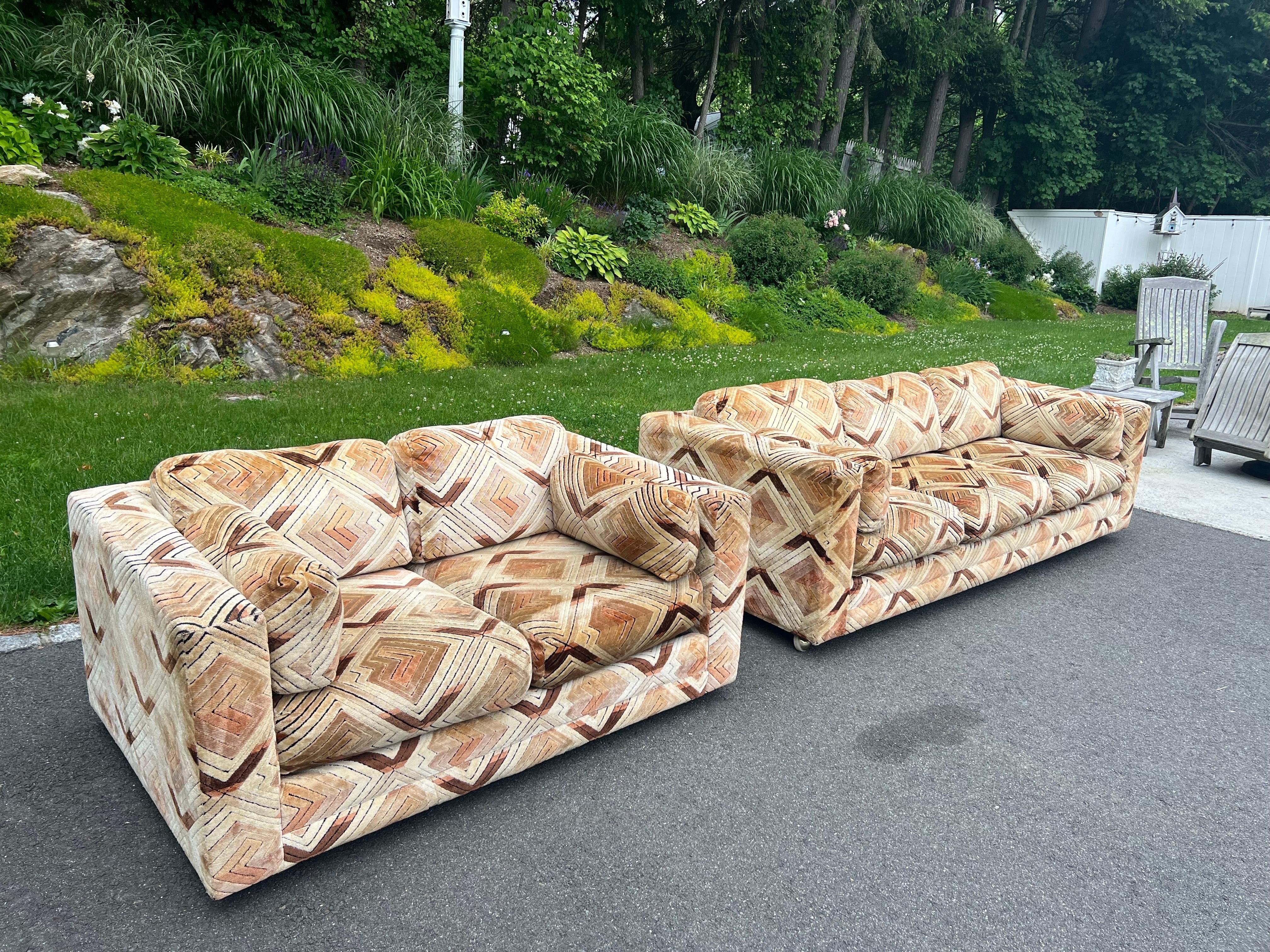 Pair of Milo Baughman Tuxedo Sofas in Chevron Pattern For Sale 1