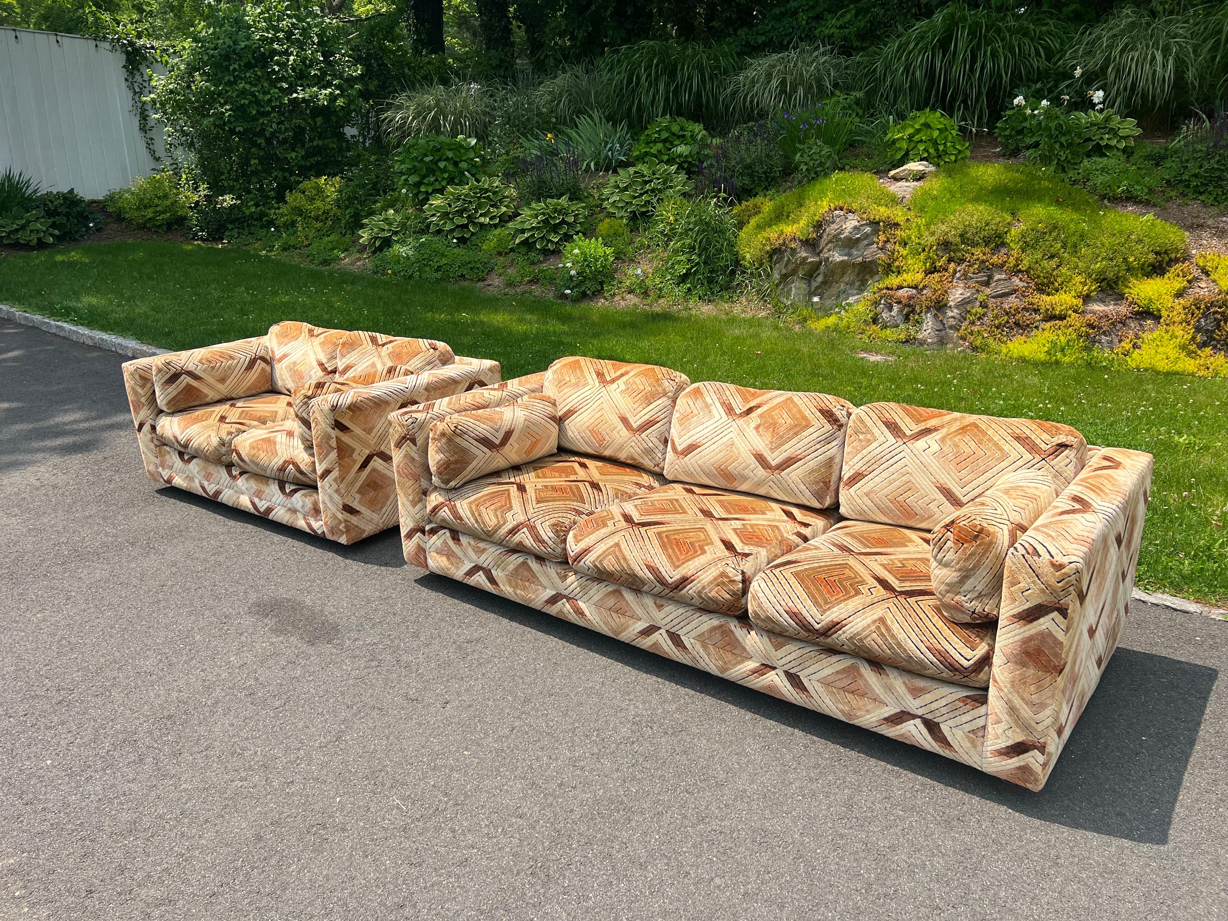 Pair of Milo Baughman Tuxedo Sofas in Chevron Pattern For Sale 2