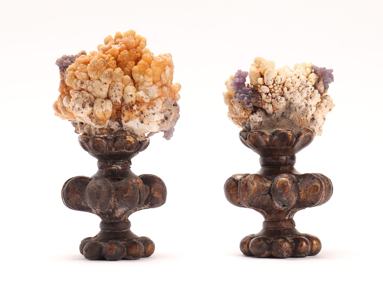 Wood Pair of Mineral Specimen: Calcite Flowers and Pyromorphite Crystals, Italy 1880 For Sale