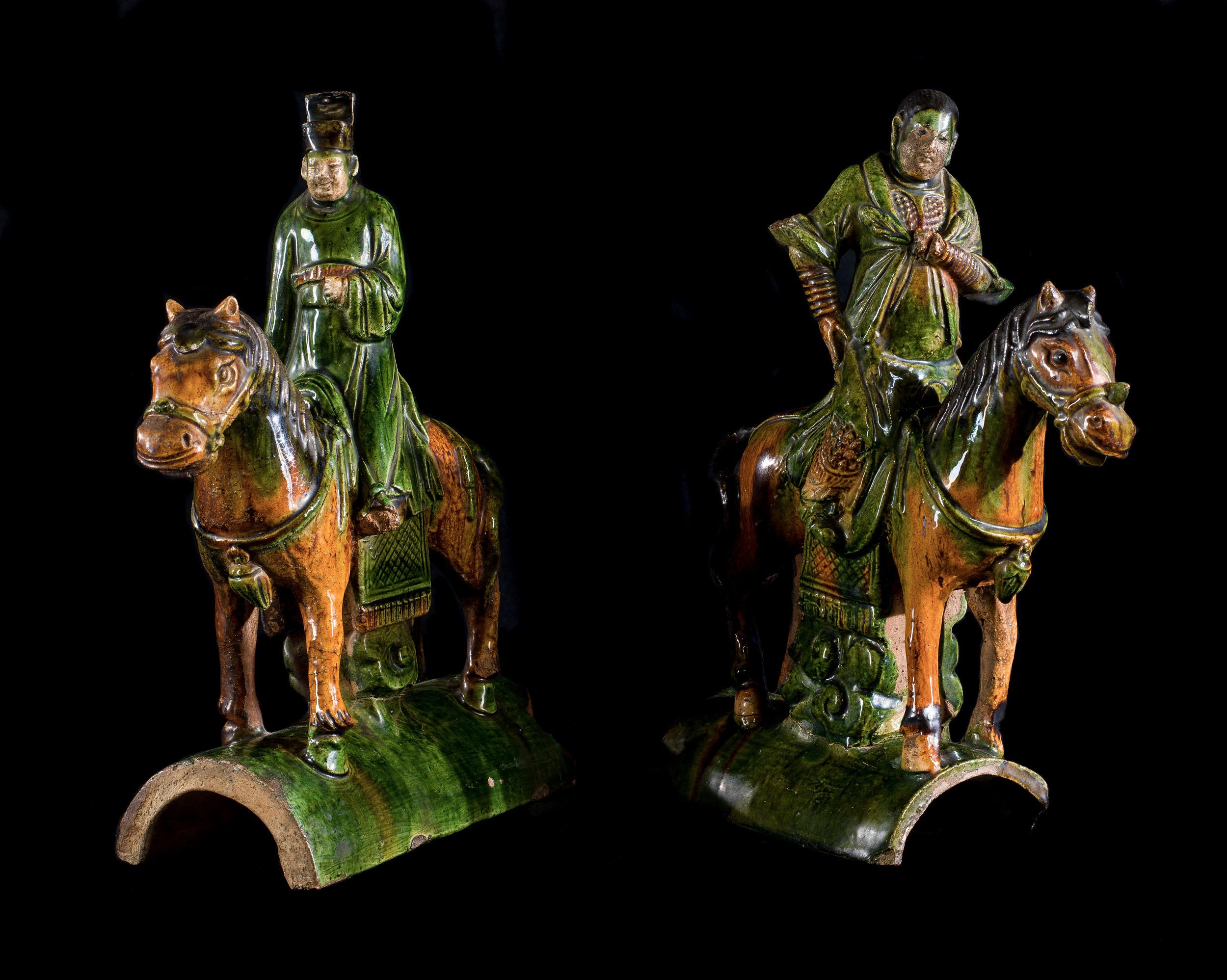 Chinese Pair of Ming Dynasty Horsemen Roof Tiles For Sale