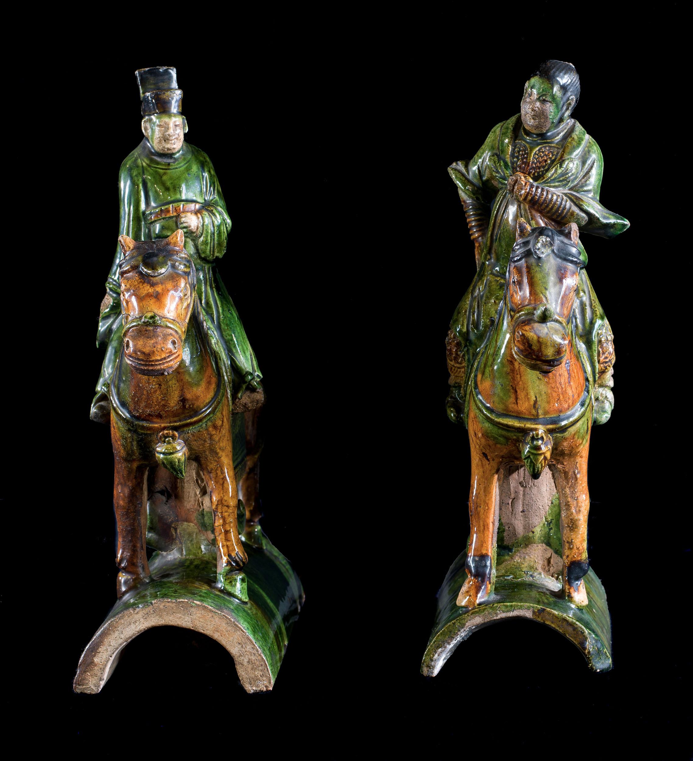 Pair of Ming Dynasty Horsemen Roof Tiles In Fair Condition For Sale In London, GB