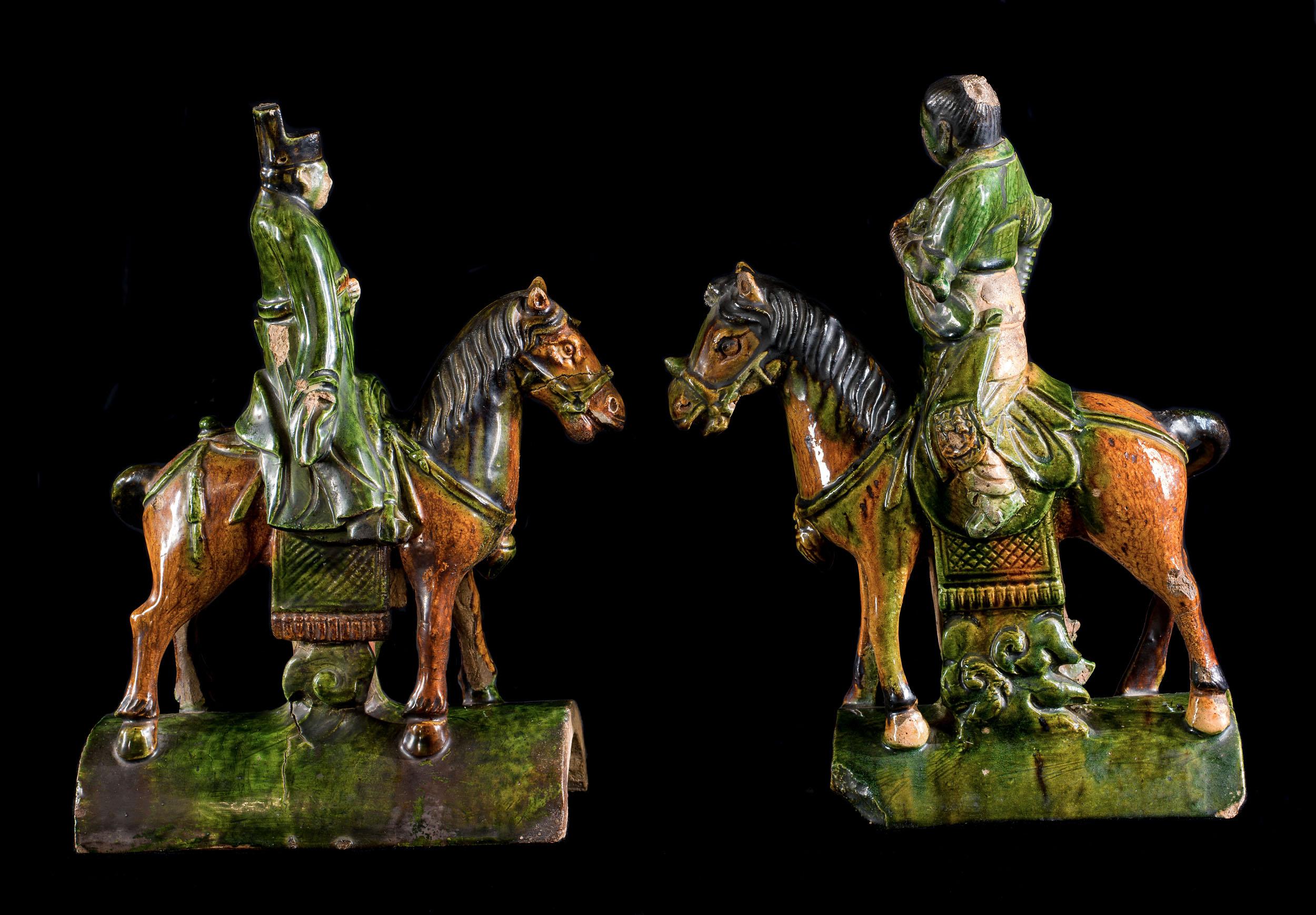 18th Century and Earlier Pair of Ming Dynasty Horsemen Roof Tiles For Sale