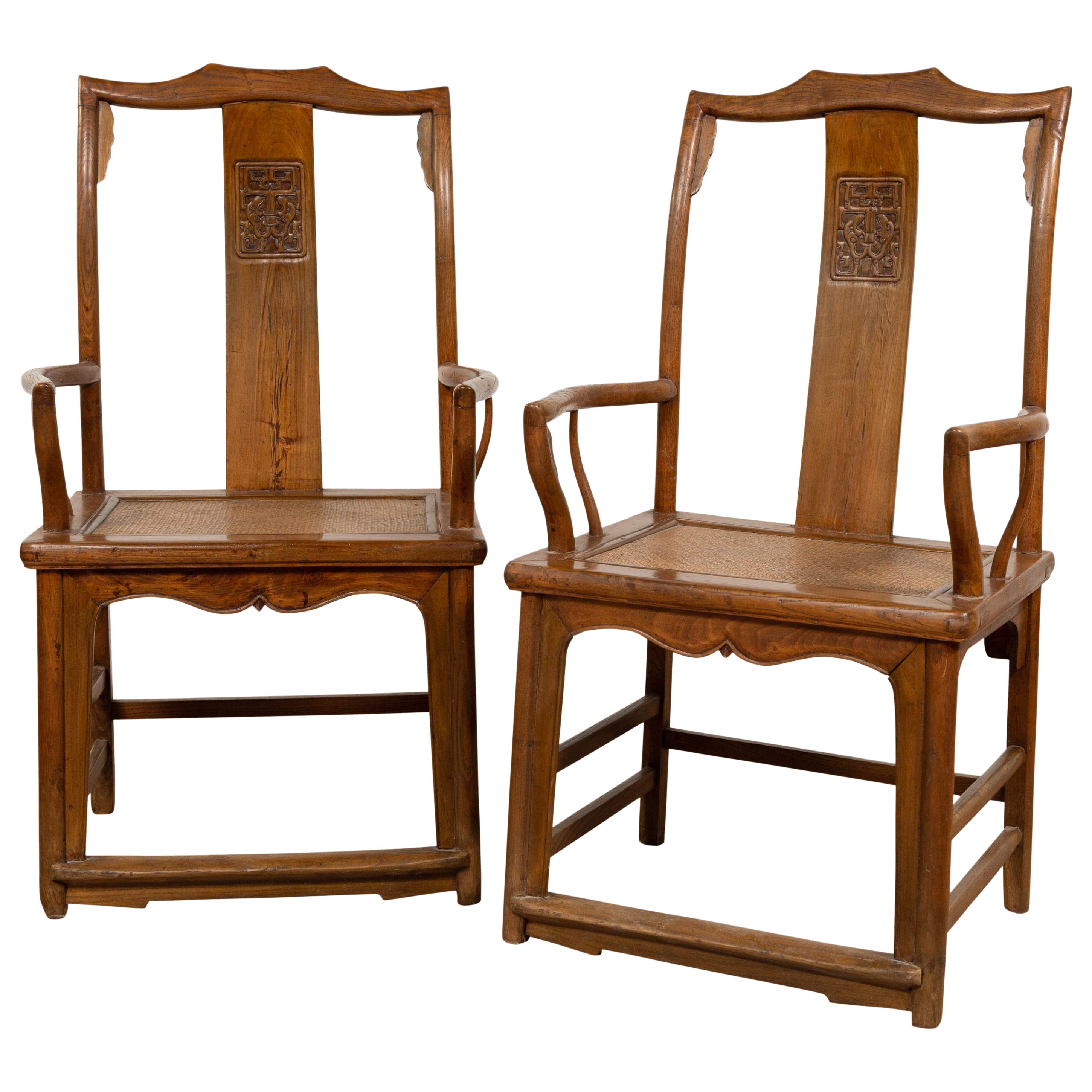 Paar Gelehrtensessel aus Elmwood im Stil der Ming Dynasty mit Rattansitzen