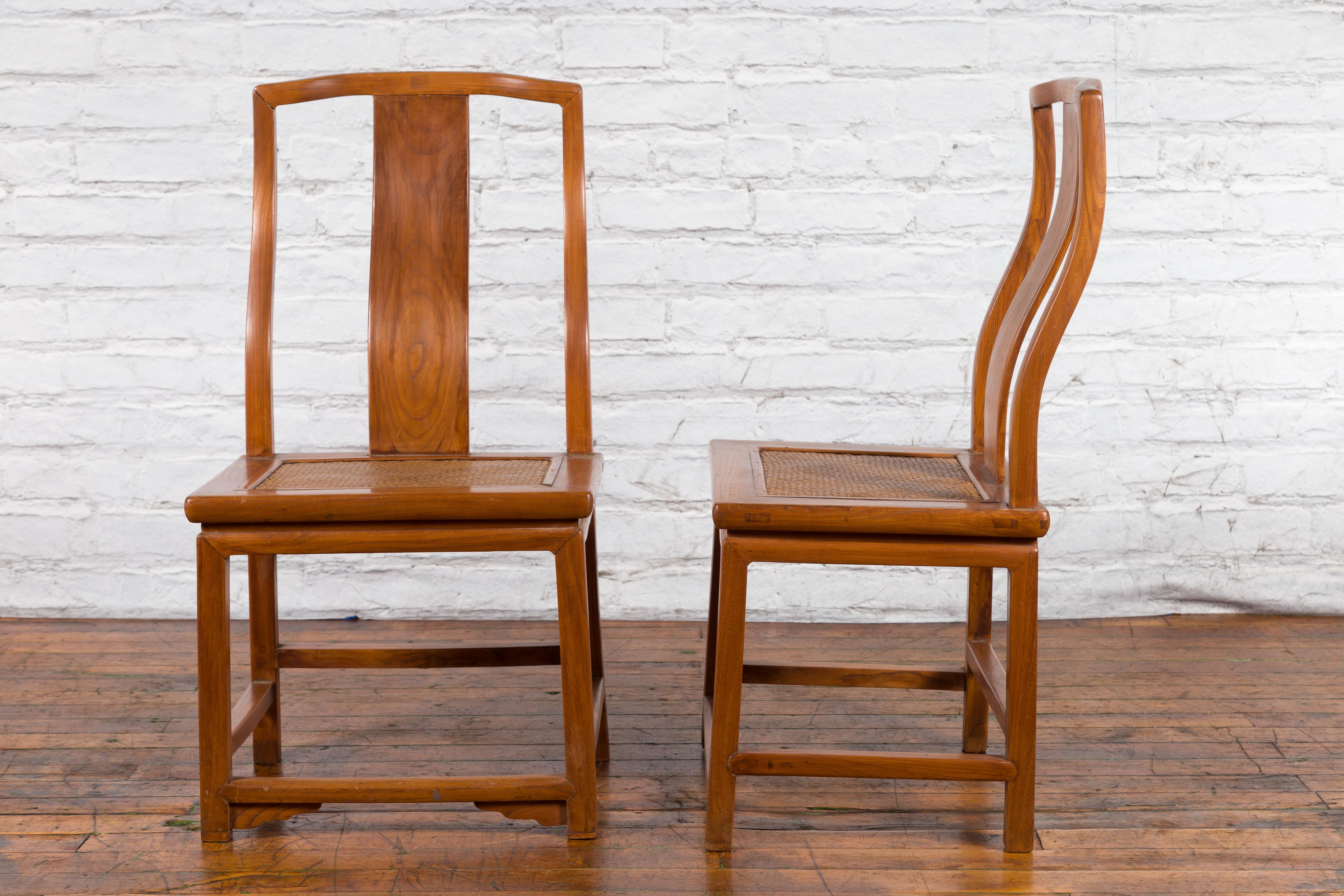 Pair of Ming Dynasty Style Yoke Back Side Chairs with Woven Rattan Seats For Sale 4