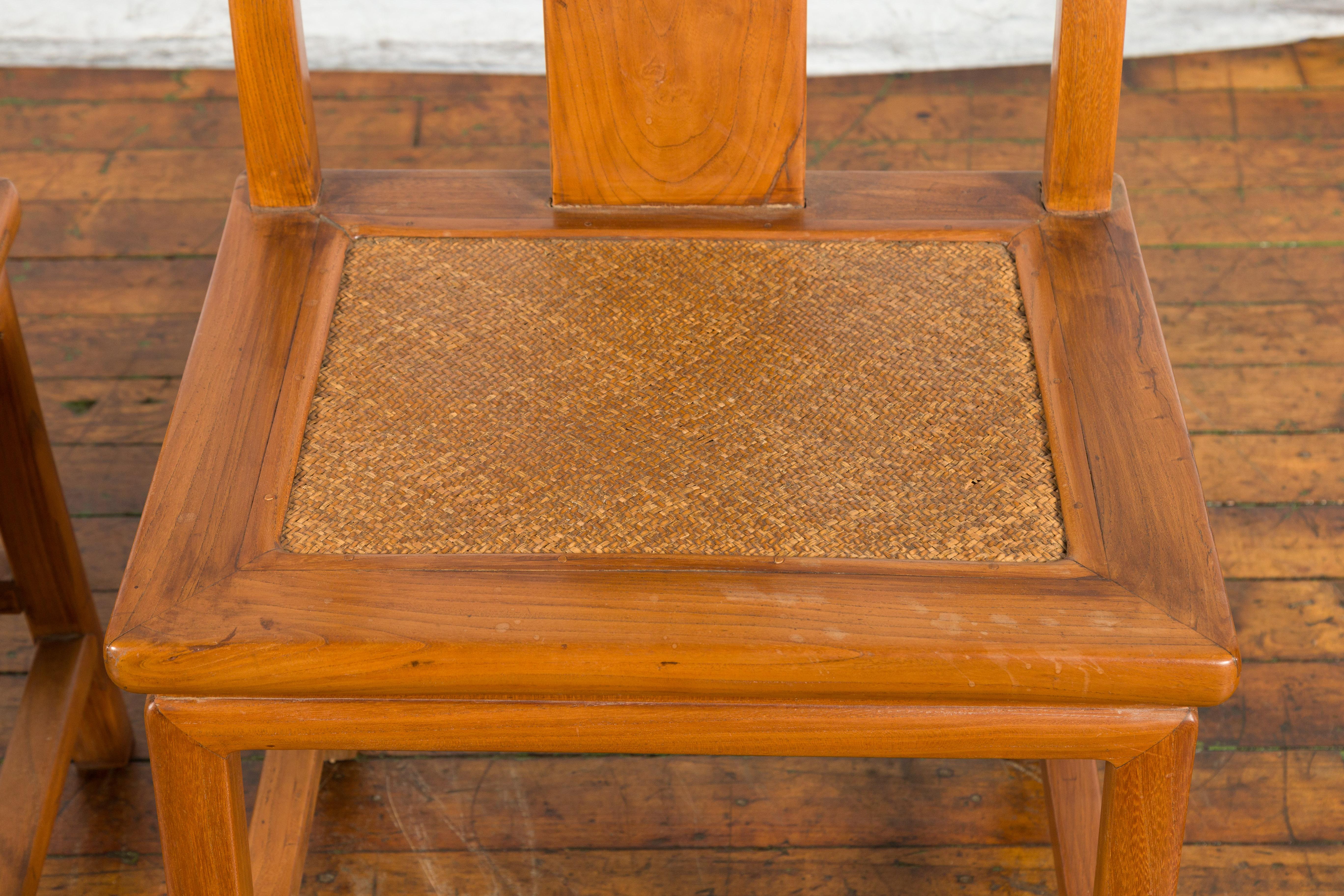 Pair of Ming Dynasty Style Yoke Back Side Chairs with Woven Rattan Seats For Sale 8