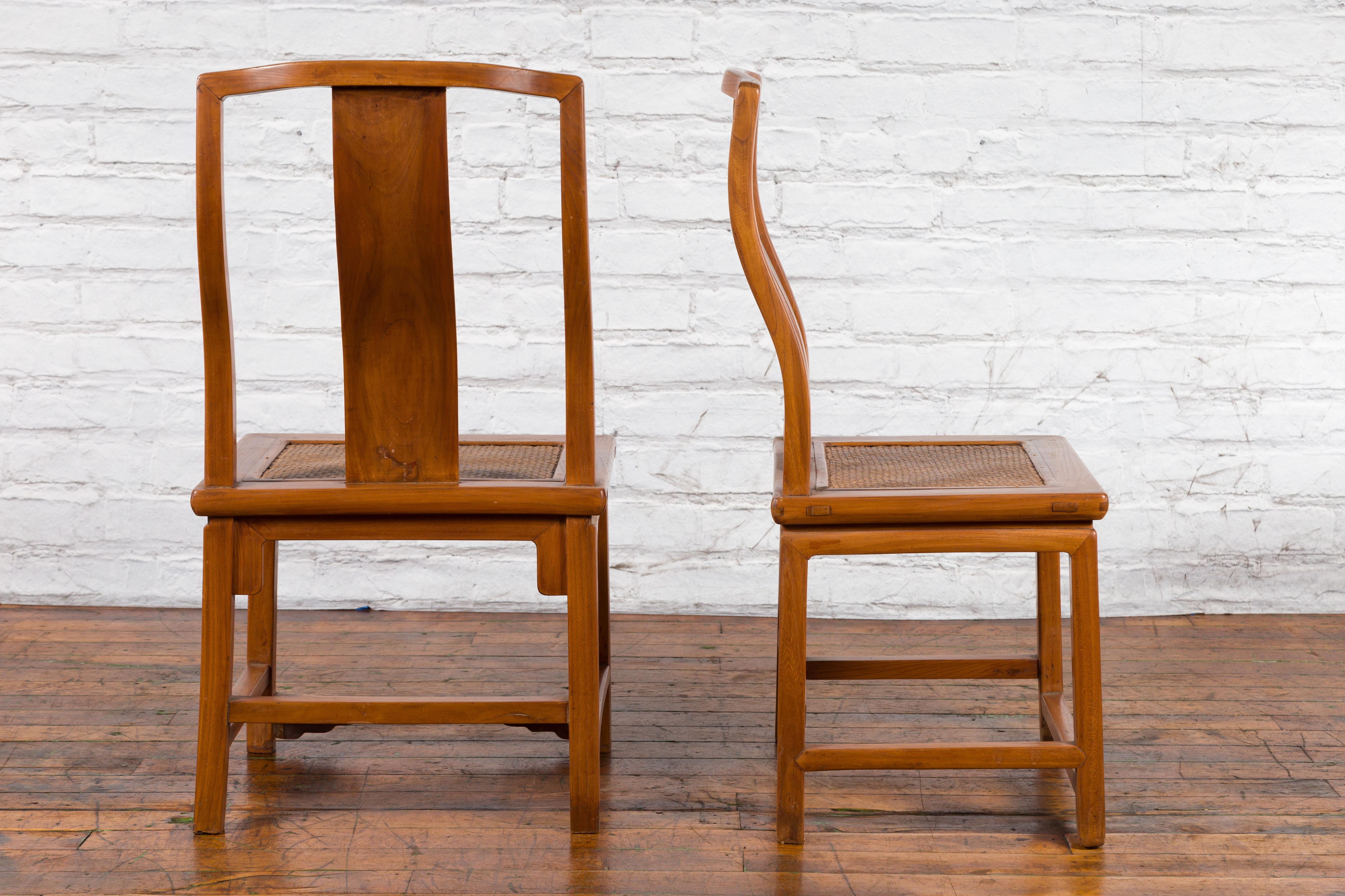 Pair of Ming Dynasty Style Yoke Back Side Chairs with Woven Rattan Seats For Sale 2