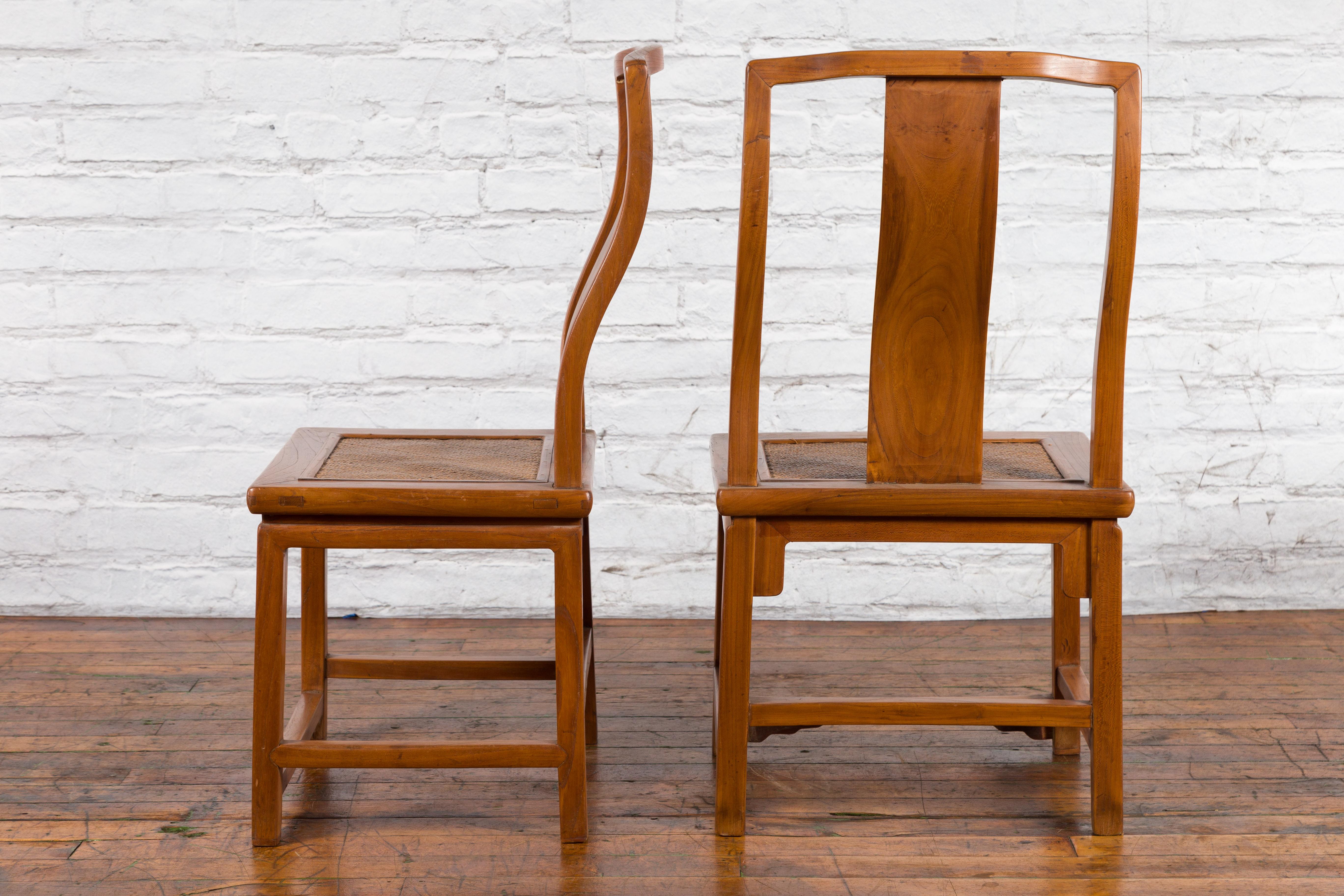 Pair of Ming Dynasty Style Yoke Back Side Chairs with Woven Rattan Seats For Sale 3