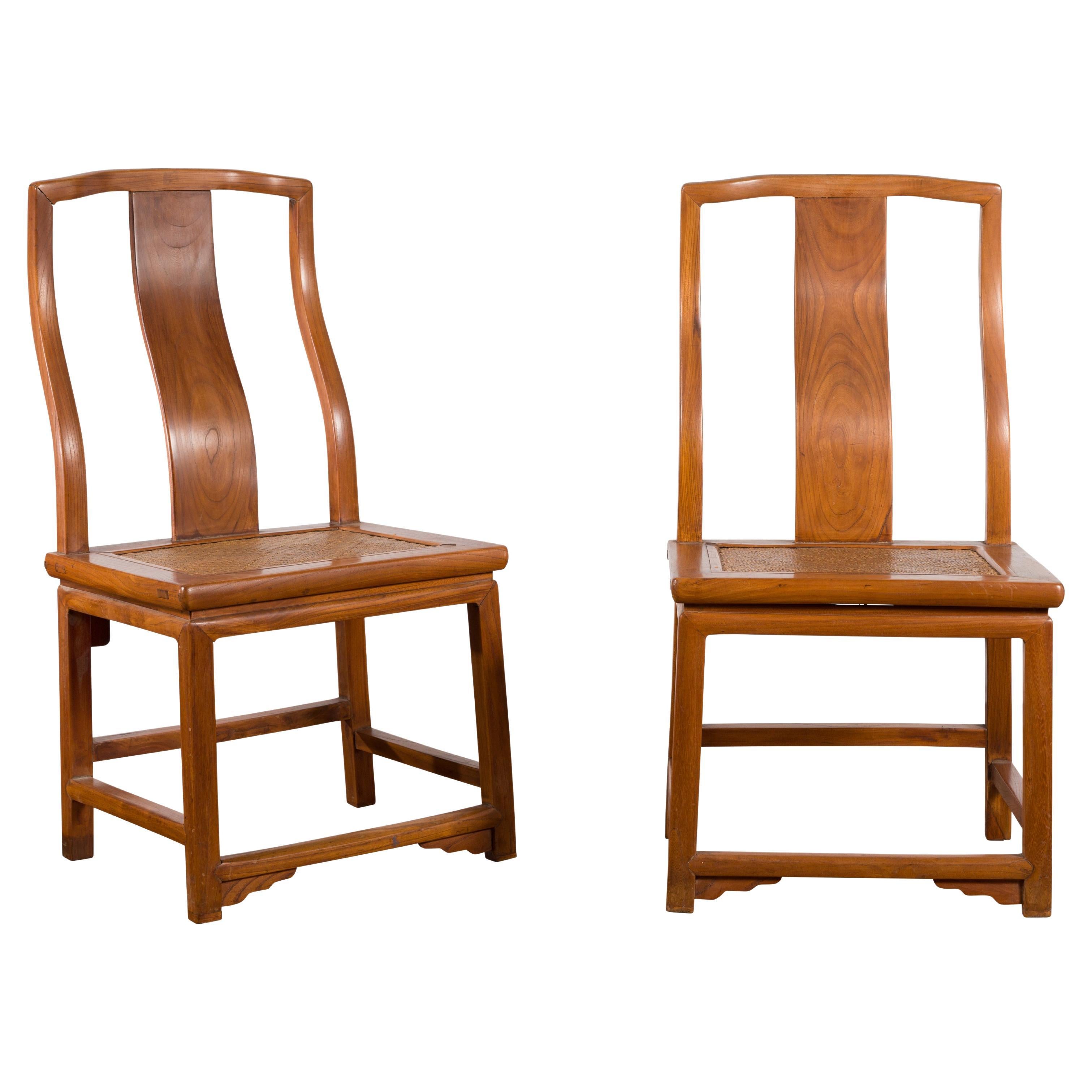 Pair of Ming Dynasty Style Yoke Back Side Chairs with Woven Rattan Seats For Sale