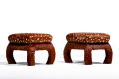 Pair of Ming Ottomans in New Hand Sewn Deer Print and Cinnamon Cowhides